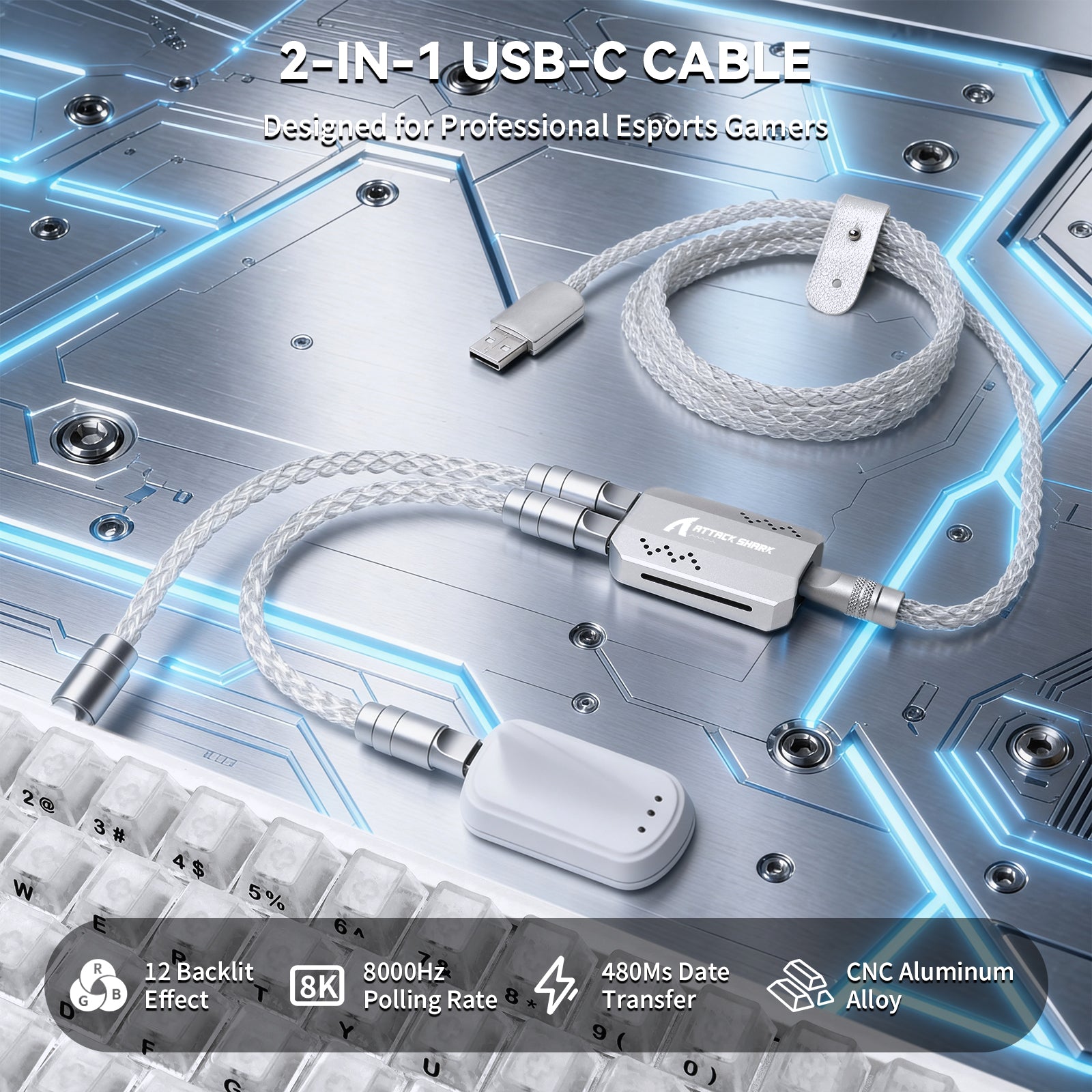 Cabo 2 em 1 Tipo C ATTACK SHARK C07 PRO para Teclado/Mouse Gamer 8KHz