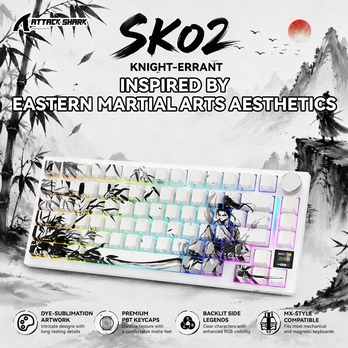 ATTACK SHARK SK02 129 teclas com keycaps PBT impressas na lateral, ANSI/ISO, Cavaleiro Errante