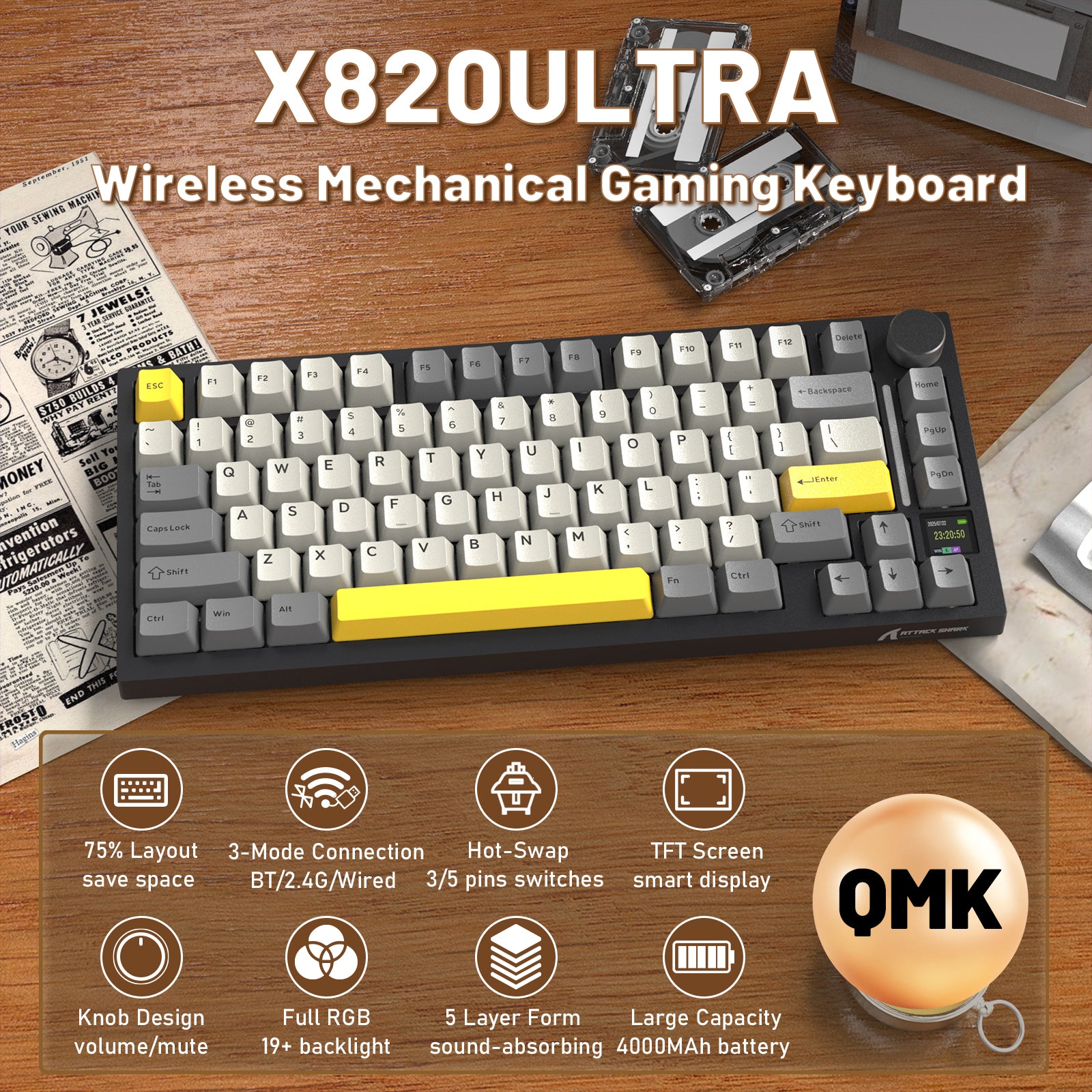 Teclado Mecânico ATTACK SHARK X820ULTRA com Cabo Enrolado C01ULTRA