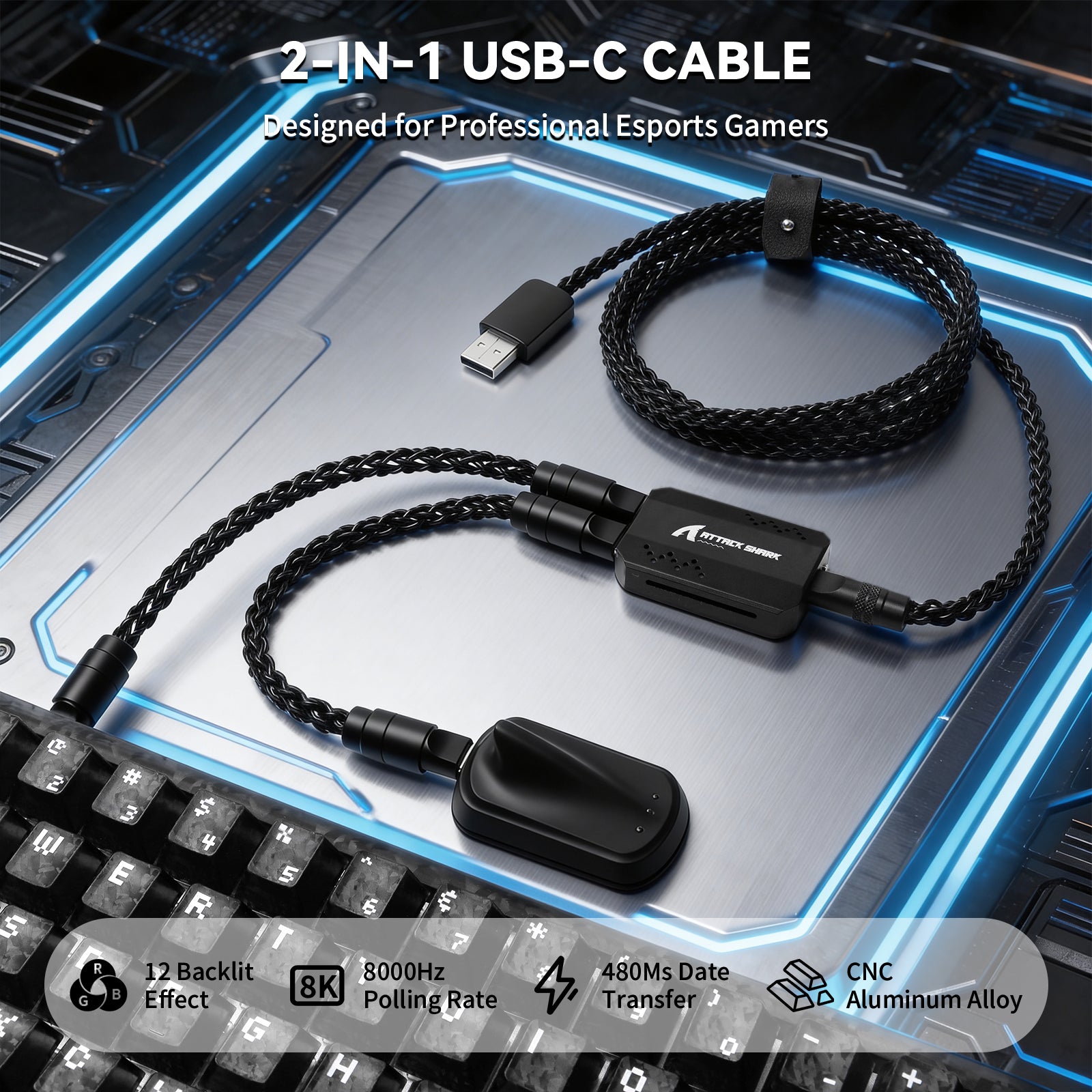 Cabo 2 em 1 Tipo C ATTACK SHARK C07 PRO para Teclado/Mouse Gamer 8KHz