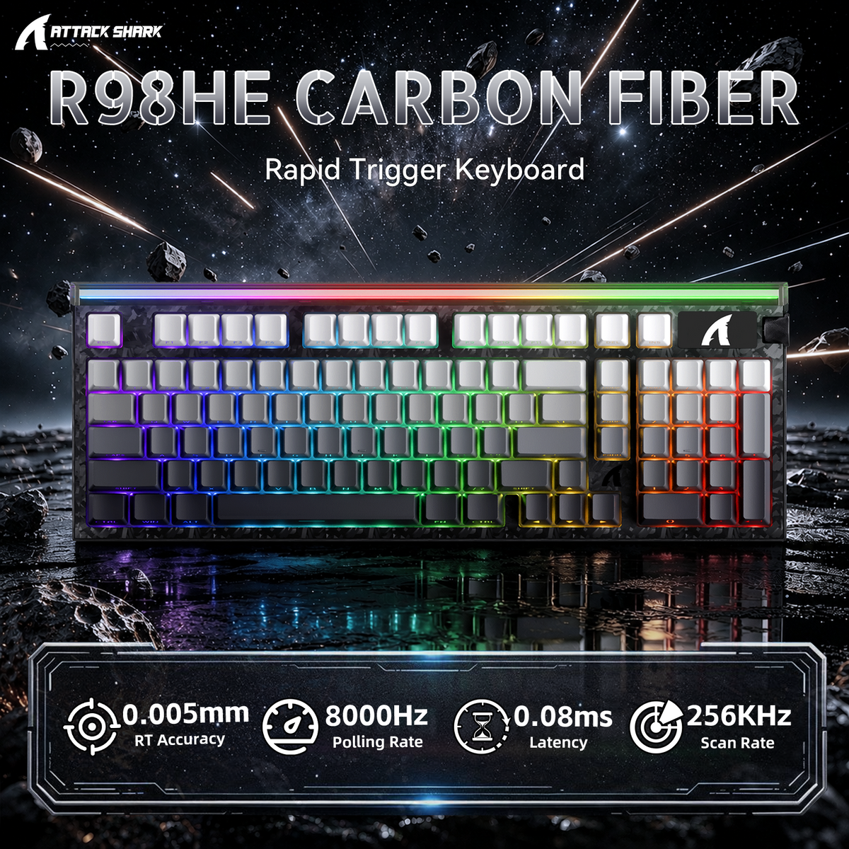Teclado com fio ATTACK SHARK R98 HE Carbon Fiber, gatilho rápido, interruptor magnético, com cabo enrolado C01 Ultra RGB