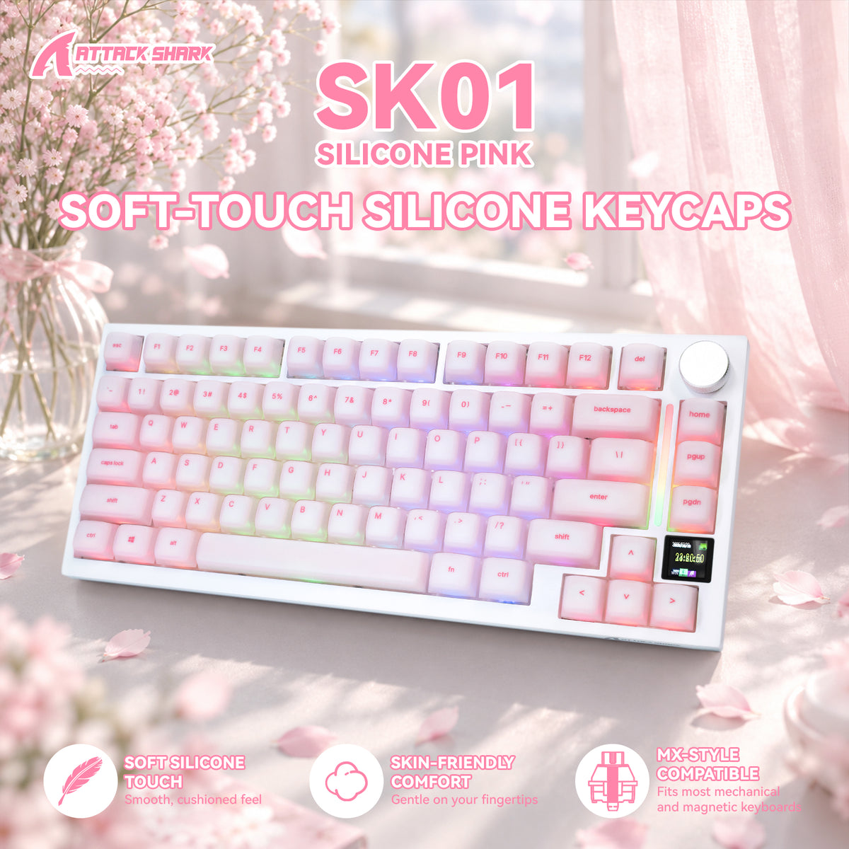 ATTACK SHARK SK01 Conjunto de 113 teclas com keycaps de silicone, perfil Cherry, ANSI, rosa