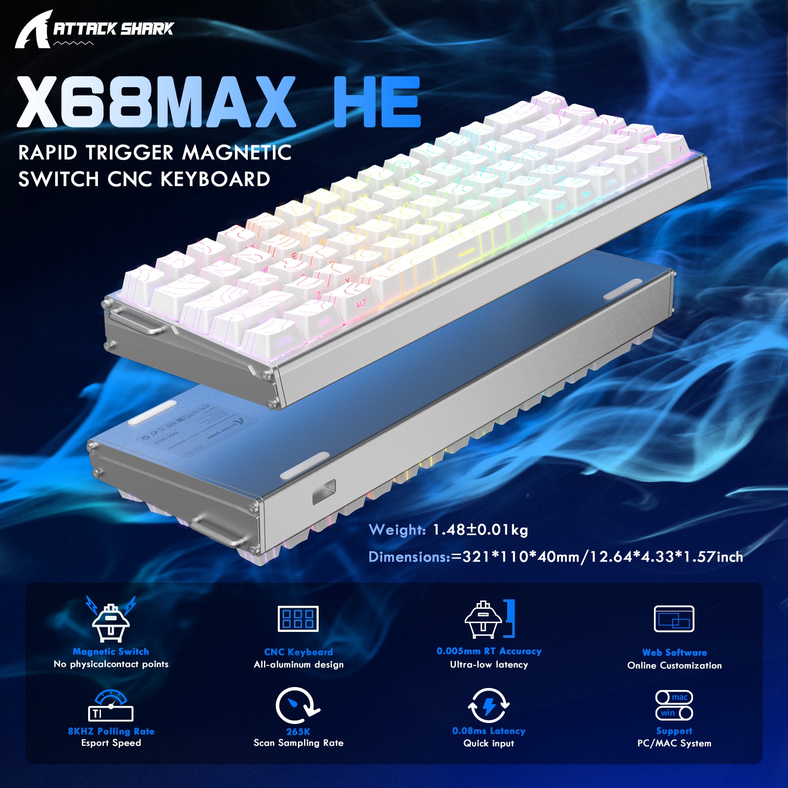 Teclado ATTACK SHARK X68MAX HE Rapid Trigger CNC de Alumínio com Switch Magnético e Cabo Enrolado RGB C01Ultra