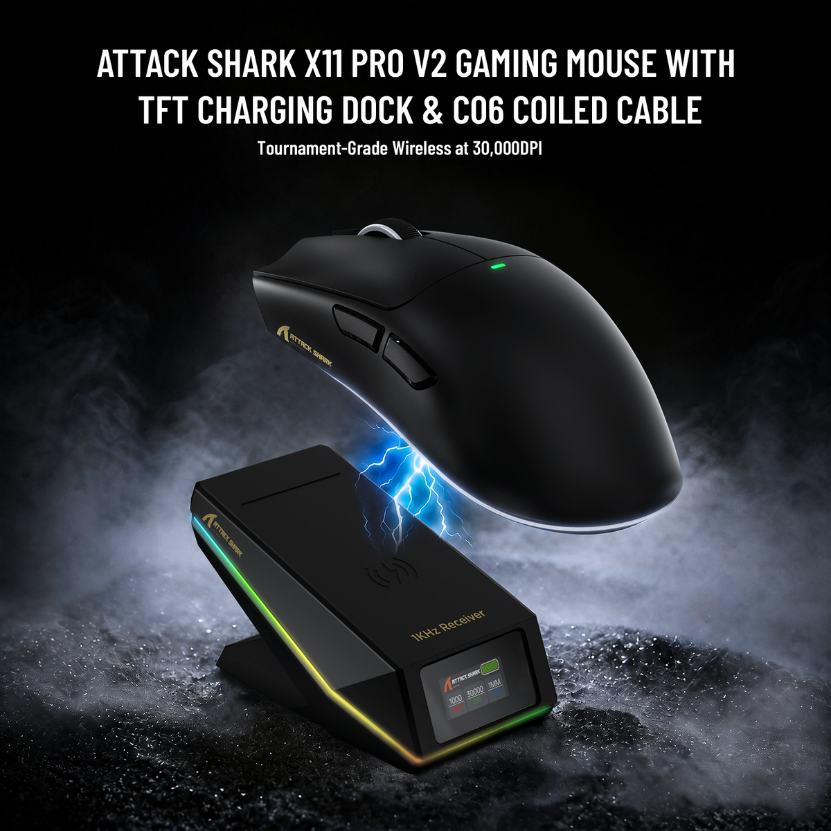 Mouse Gamer Sem Fio ATTACK SHARK X11 PRO V2 com Tela TFT e Base de Carregamento com Cabo Enrolado C06