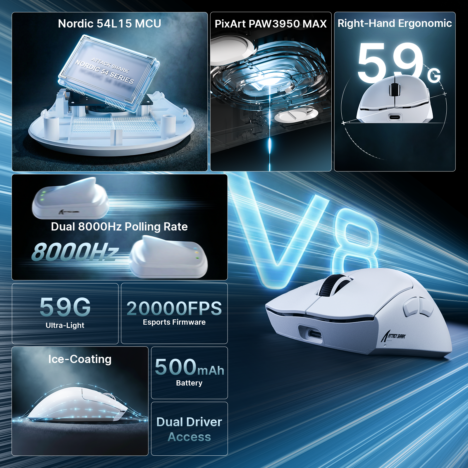 Mouse Gamer Ergonômico Sem Fio Ultra-Leve ATTACK SHARK V8