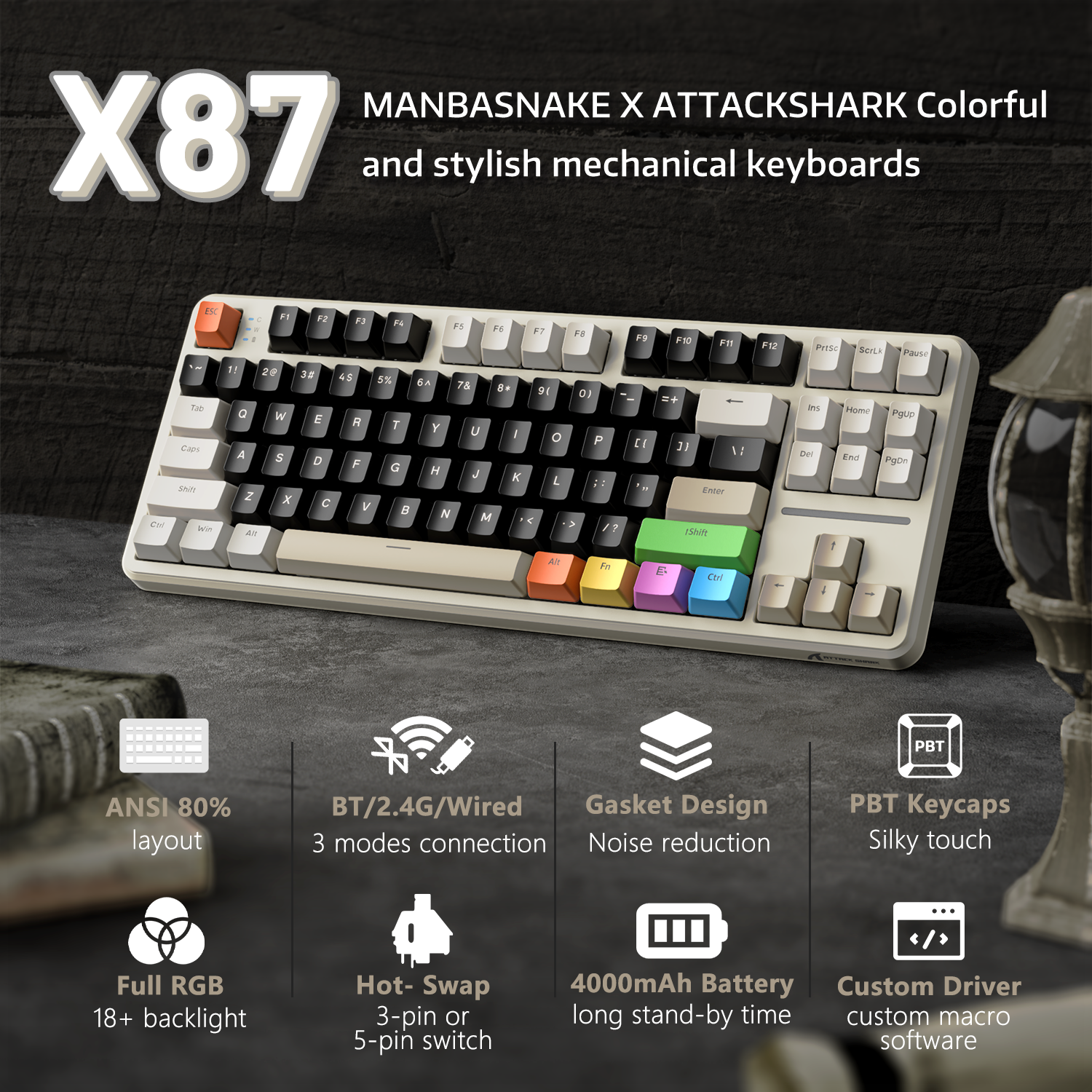 ATTACK SHARK X87 Teclado Mecânico Tri-modo com Gaxeta