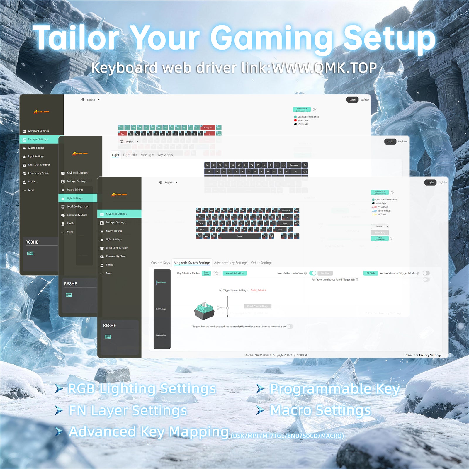 Teclado com Fio ATTACK SHARK R68 HE Rapid Trigger com Switch Magnético em Fibra de Carbono e Cabo RGB Enrolado C01 Ultra