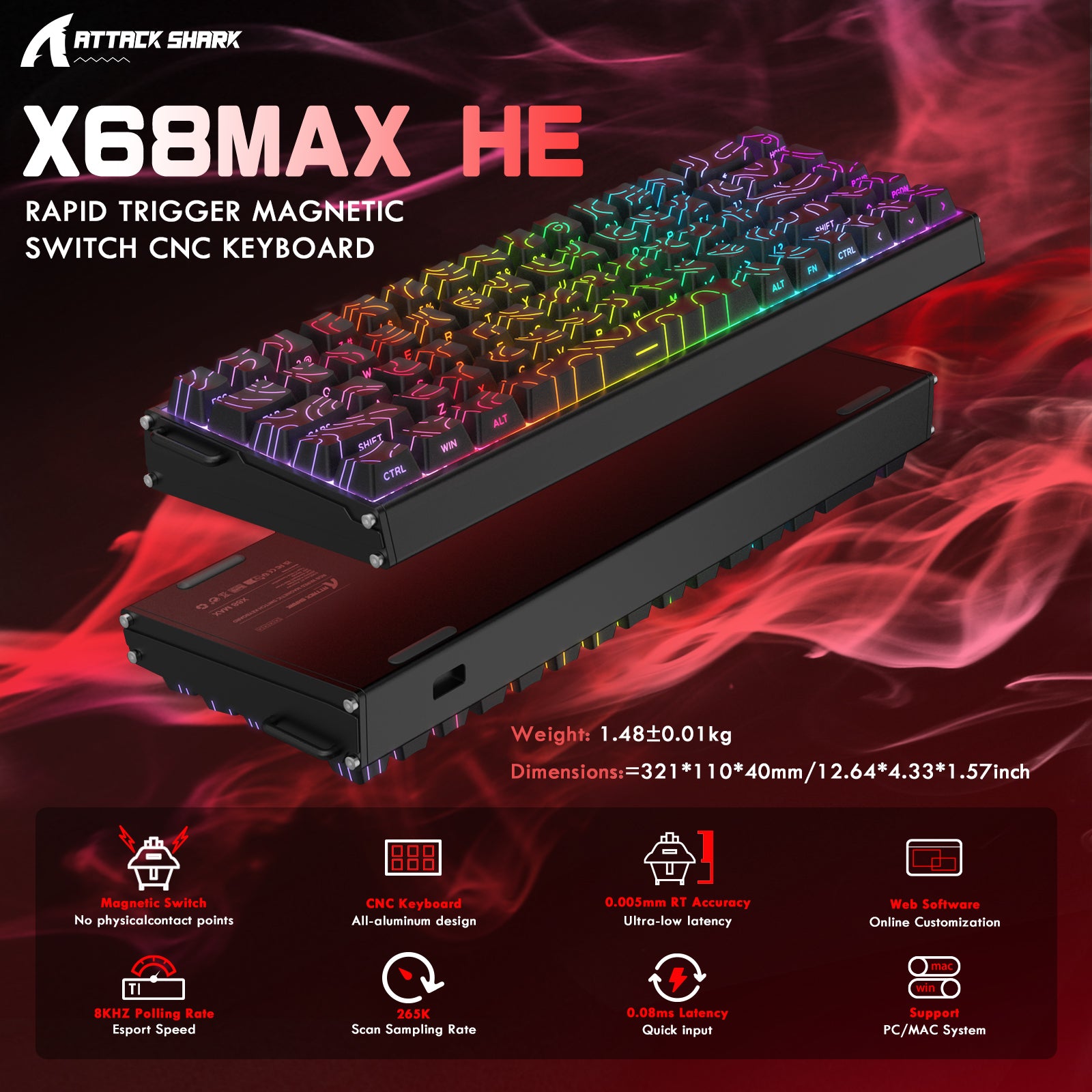 Teclado ATTACK SHARK X68MAX HE Rapid Trigger CNC de Alumínio com Switch Magnético e Cabo Enrolado RGB C01Ultra
