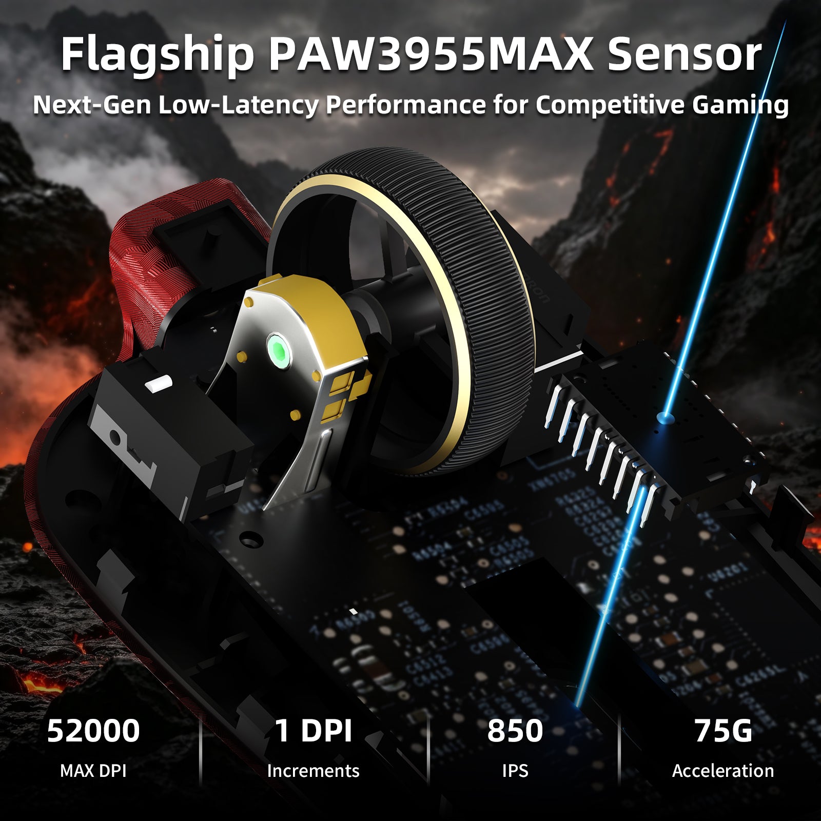 Mouse Gamer Sem Fio ATTACK SHARK RS3 ULTRA Fibra de Carbono PAW3955MAX com Cabo LED Ultra C06