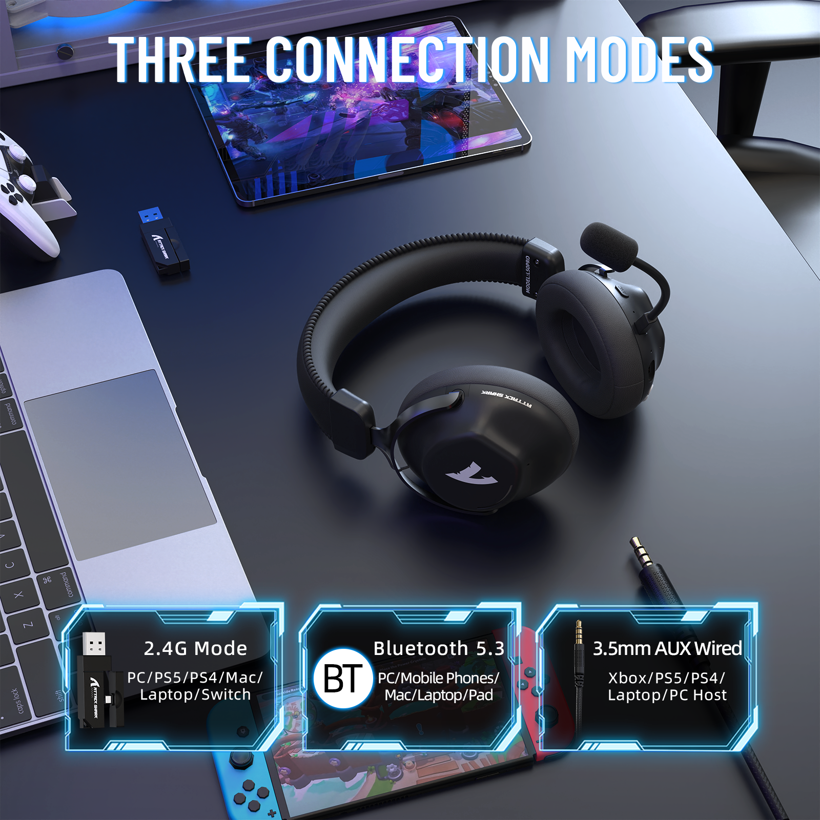 Headset Gamer Sem Fio ATTACK SHARK L50 PRO com Três Modos