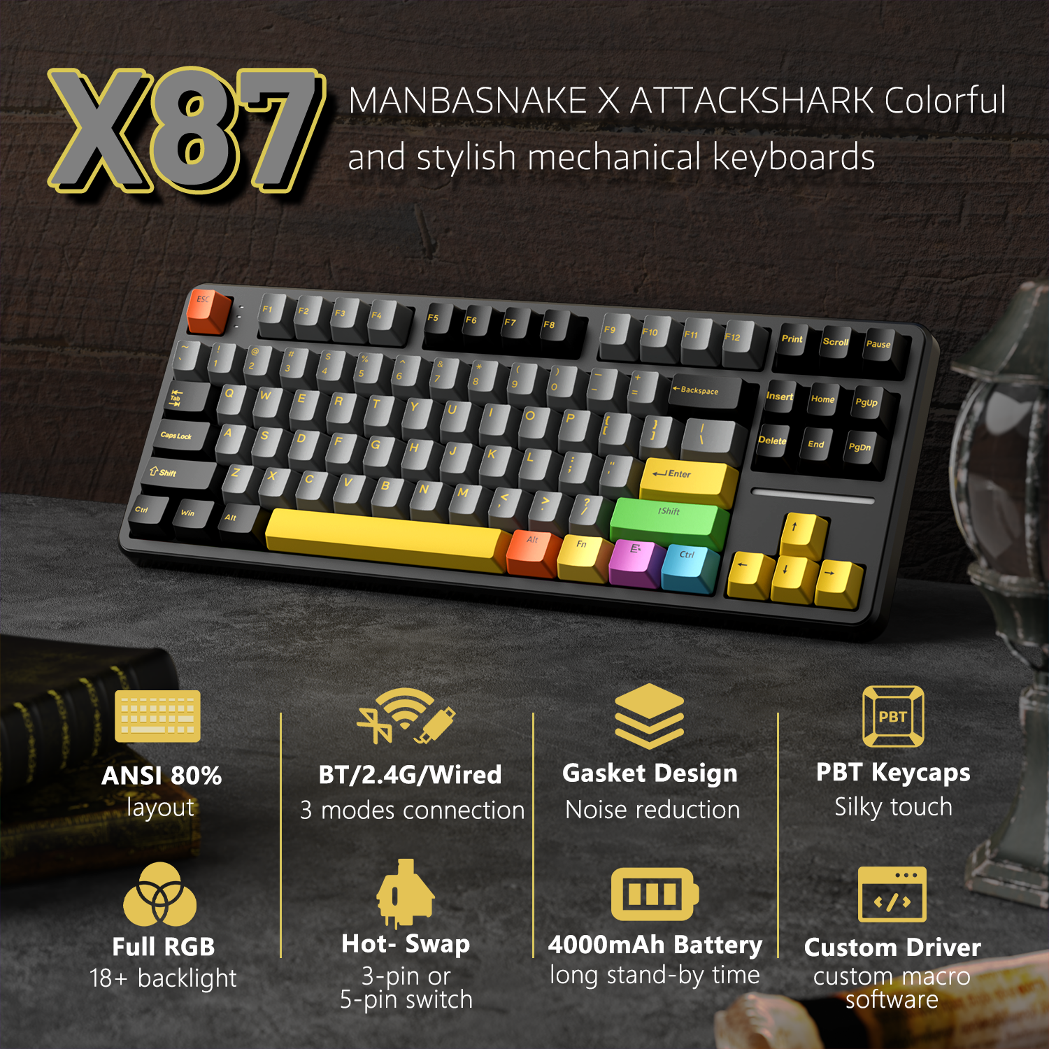 ATTACK SHARK X87 Teclado Mecânico Tri-modo com Gaxeta