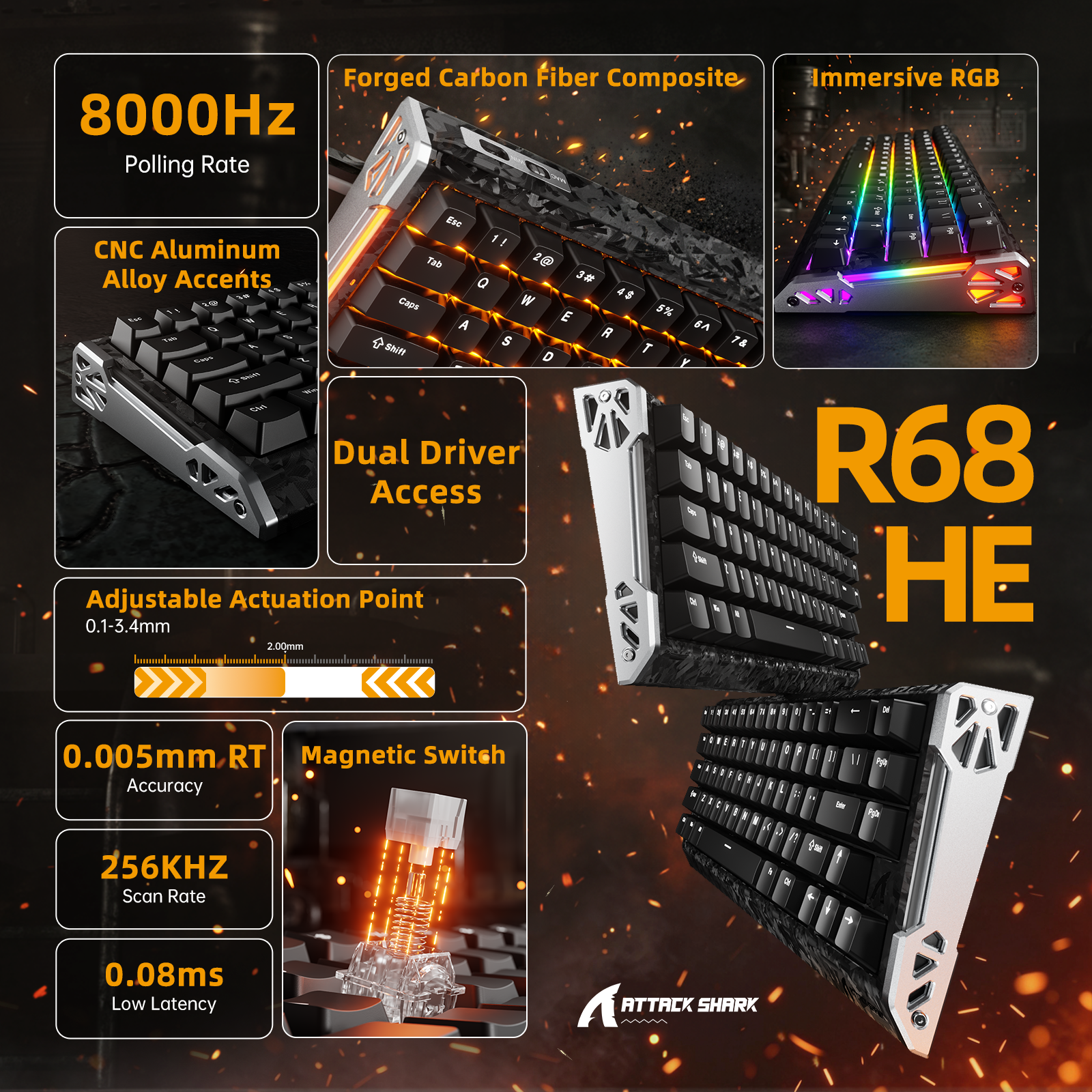 Teclado ATTACK SHARK R68 HE Rapid Trigger com Switch Magnético em Fibra de Carbono