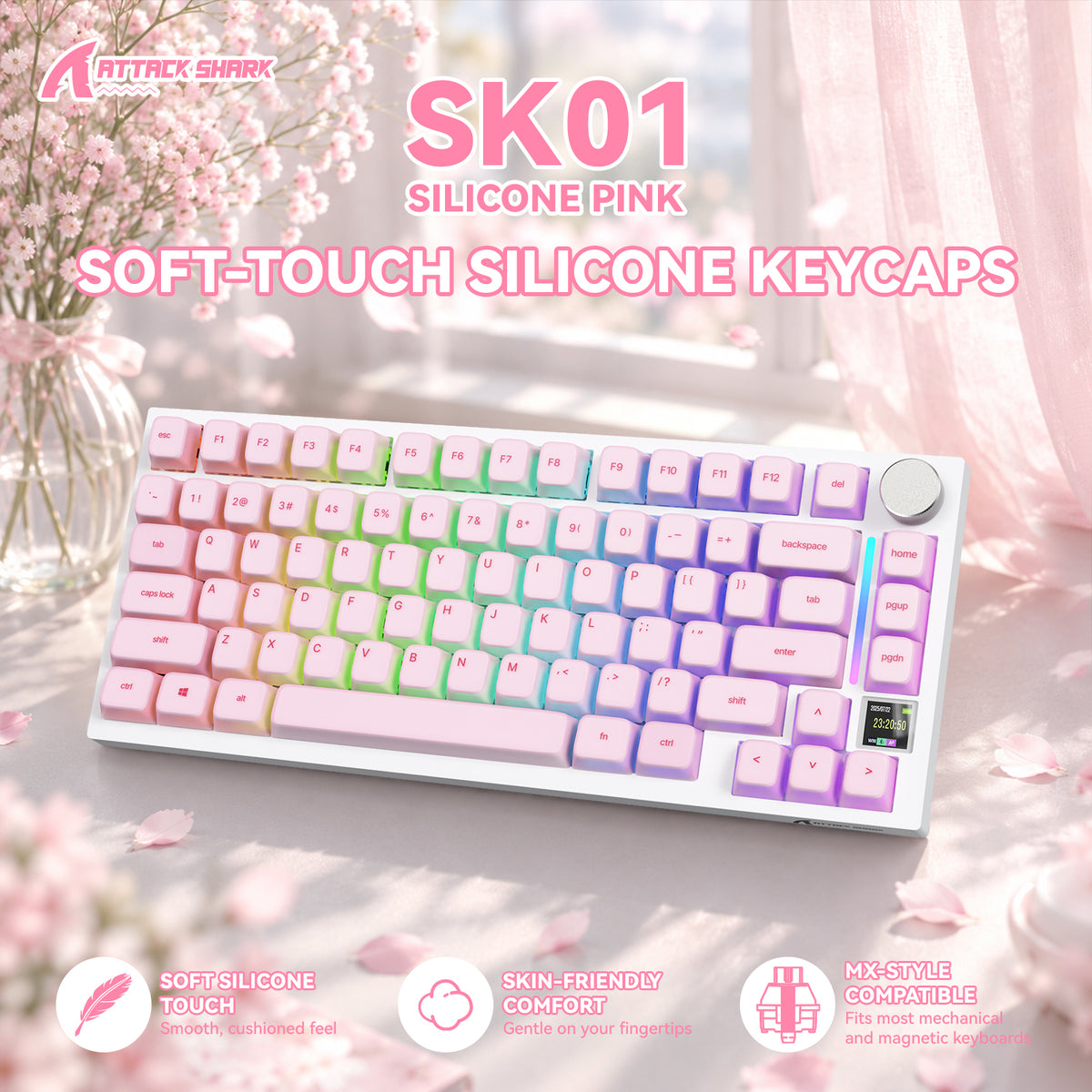 ATTACK SHARK SK01 Conjunto de 113 teclas com keycaps de silicone, perfil Cherry, ANSI, rosa