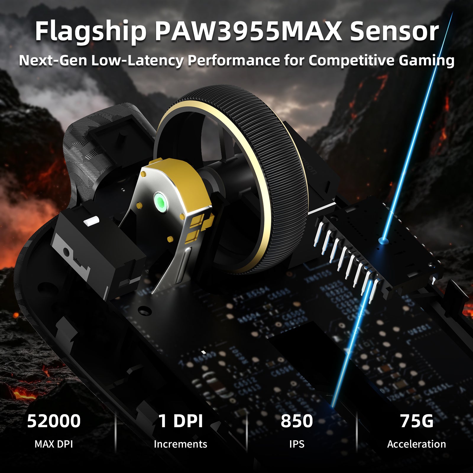 Mouse Gamer Sem Fio ATTACK SHARK RS3 ULTRA Fibra de Carbono PAW3955MAX com Cabo LED Ultra C06