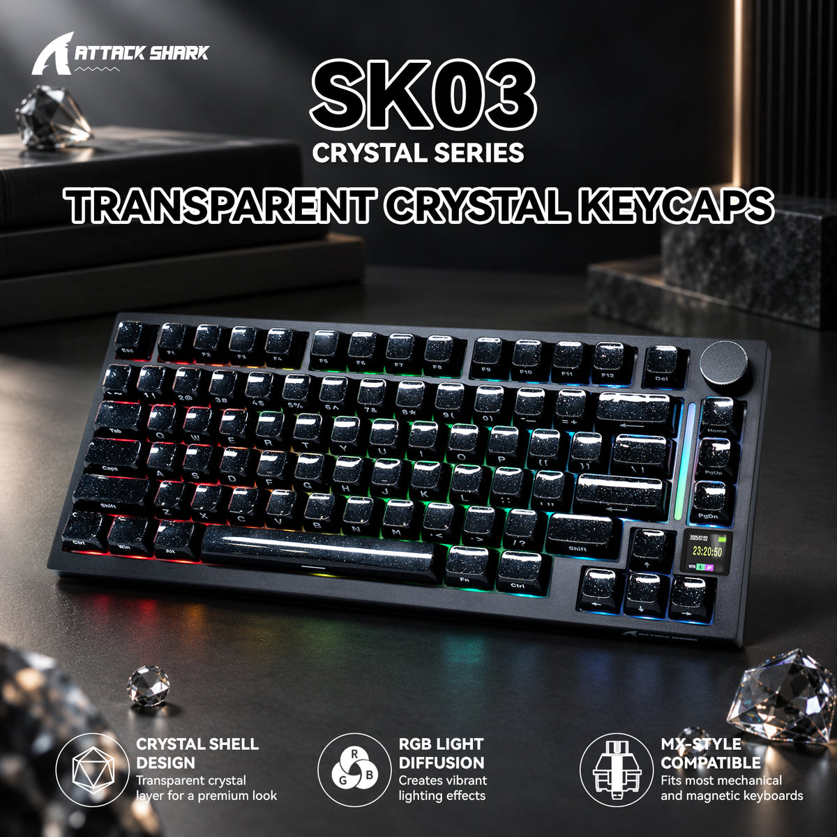 ATTACK SHARK SK03, 136 teclas, keycaps de cristal, perfil ASA, ANSI/ISO