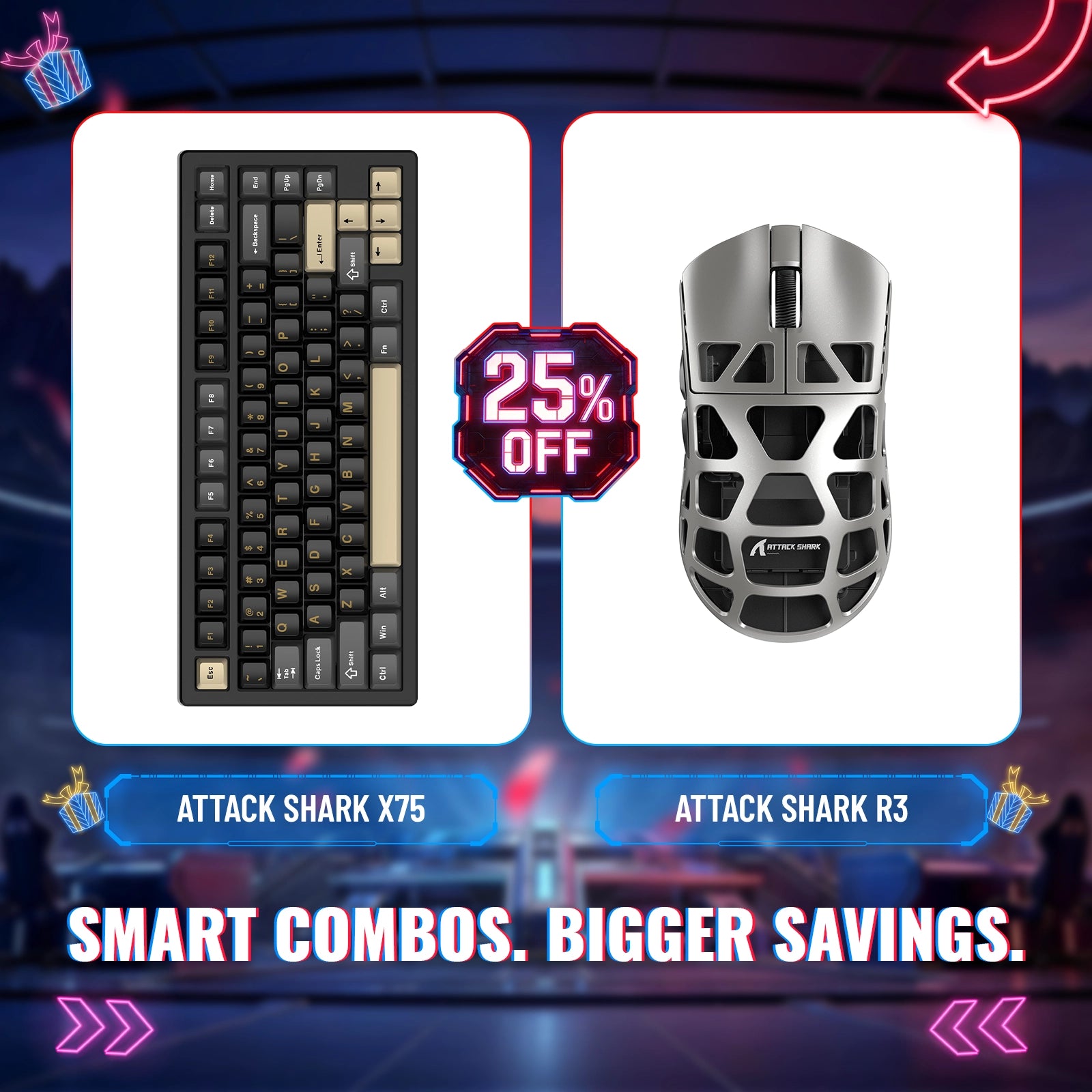 Teclado de alumínio completo ATTACK SHARK X75 + Bundle de mouse gamer de liga de magnésio R3
