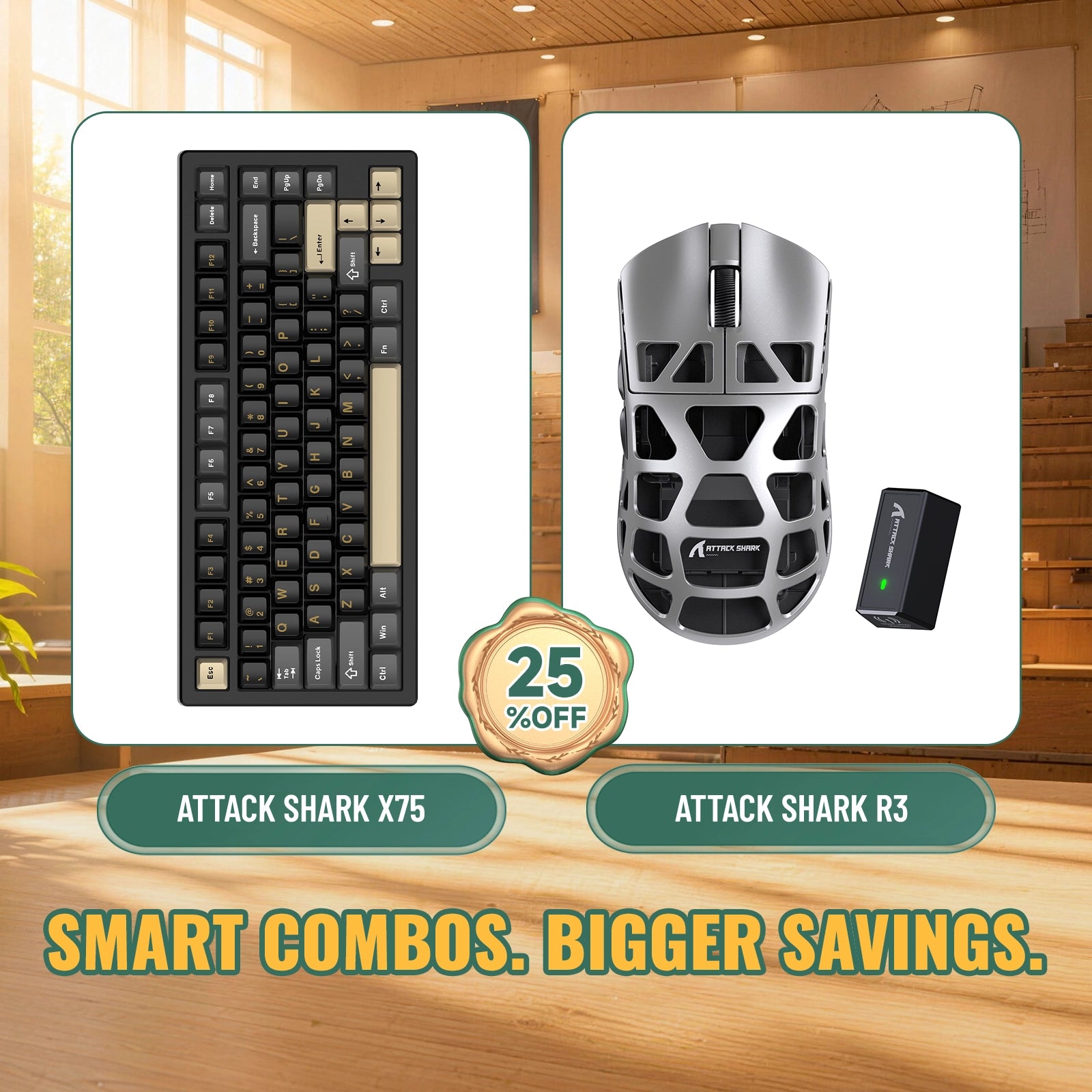 Kit ATTACK SHARK X75 Teclado de Alumínio Completo + Mouse Gamer de Liga de Magnésio R3