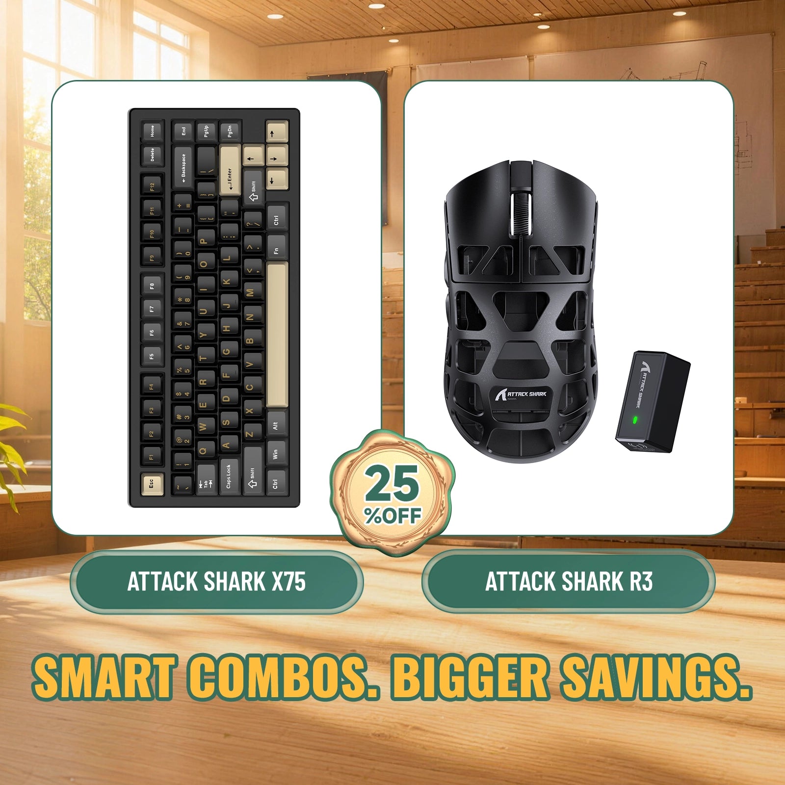 Kit ATTACK SHARK X75 Teclado de Alumínio Completo + Mouse Gamer de Liga de Magnésio R3