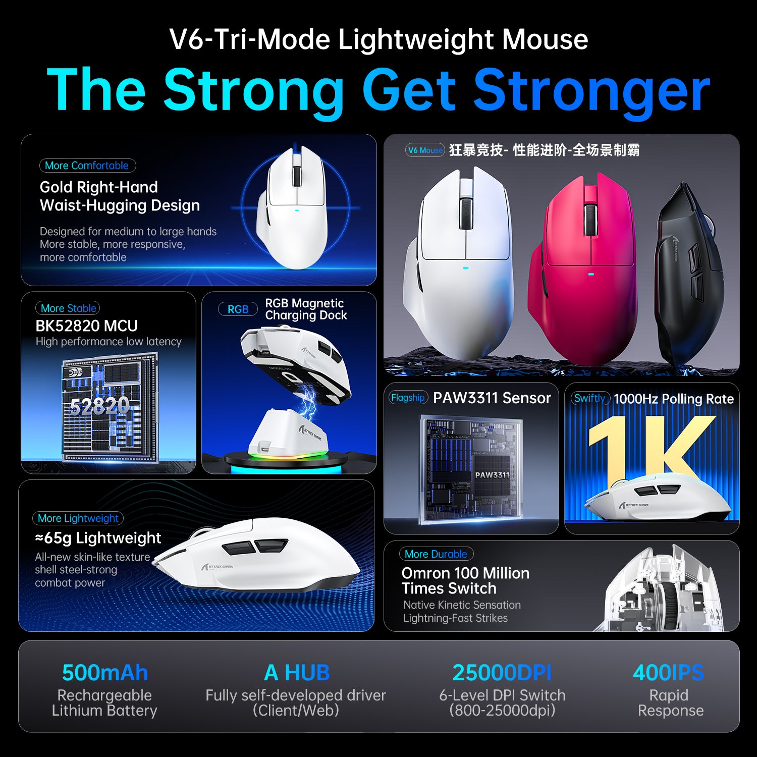 Mouse Gamer Tri-modo Ultra-Leve ATTACK SHARK V6