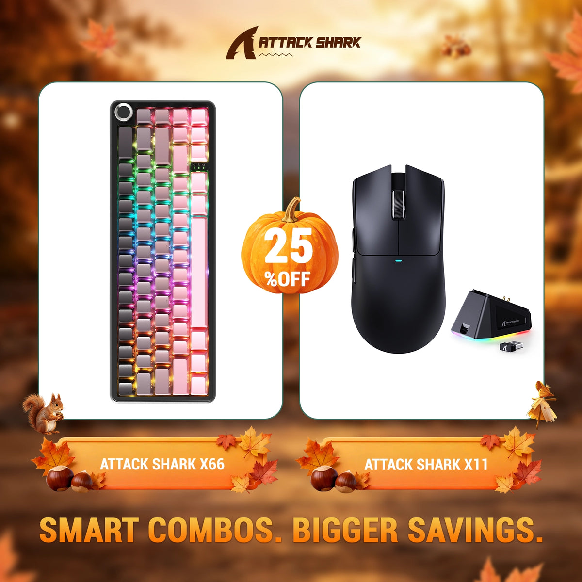 Kit ATTACK SHARK X66 Teclado Mecânico Sem Fio + Mouse Gamer Sem Fio X11