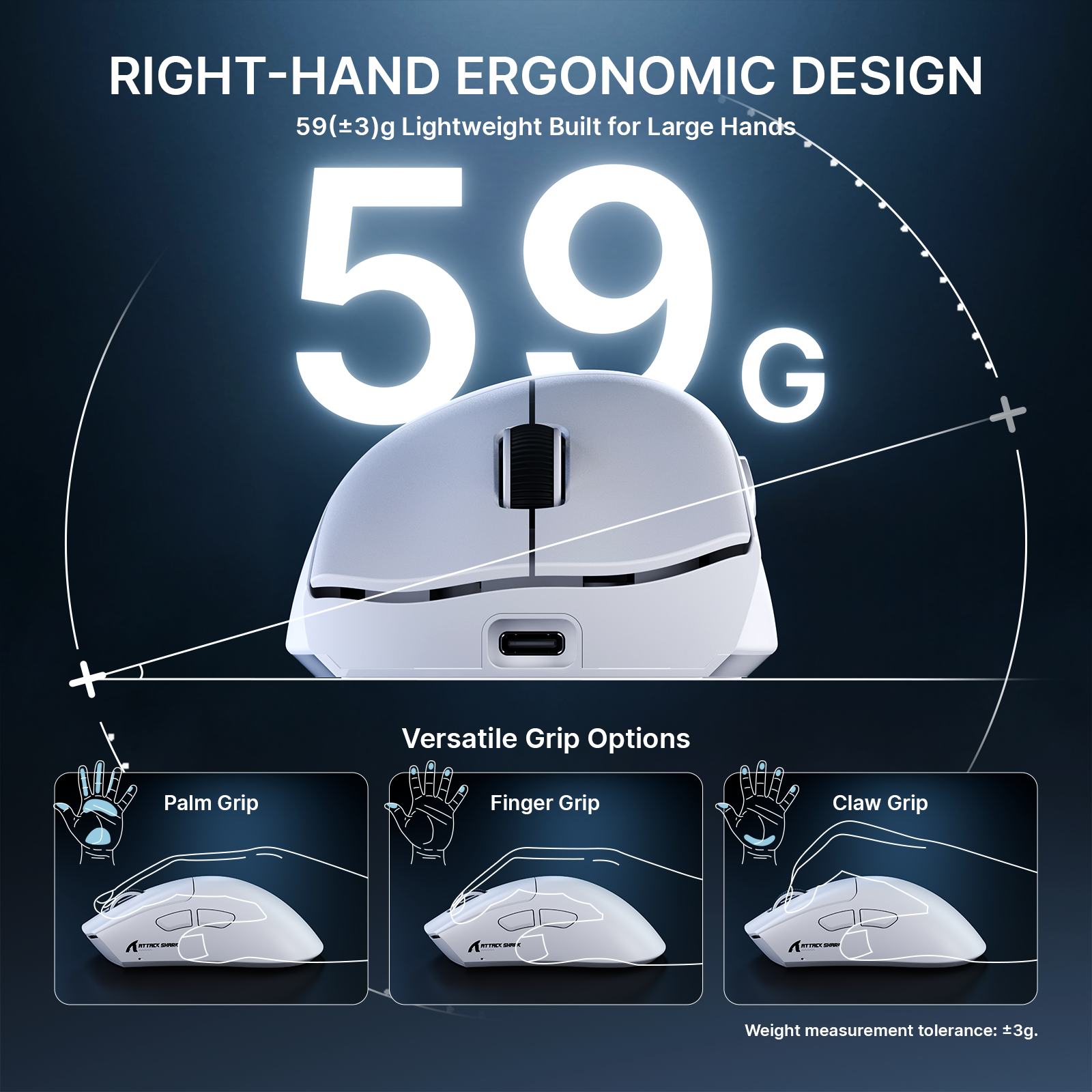 Mouse Gamer Ergonômico Sem Fio Ultra-Leve ATTACK SHARK V8
