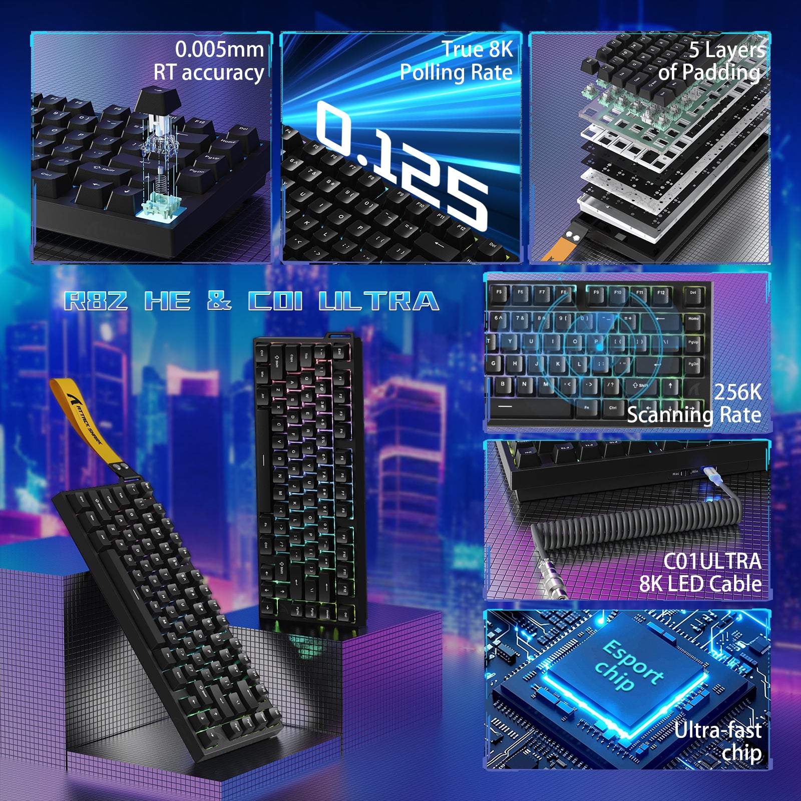 Teclado Gamer com Fio ATTACK SHARK R82 HE 75% com Cabo LED C01ULTRA
