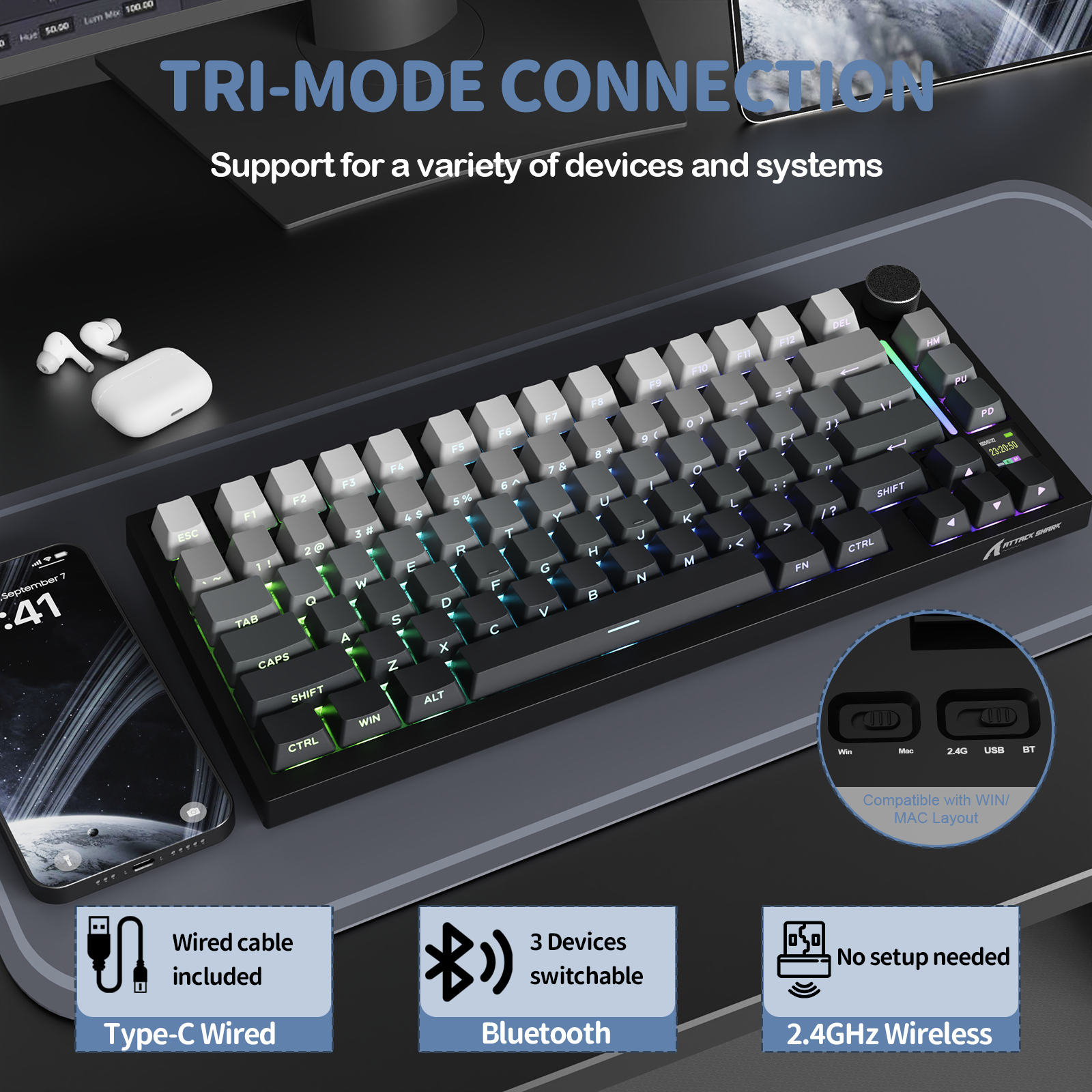 Teclado Mecânico Tri-modo ATTACK SHARK X820Ultra Gasket