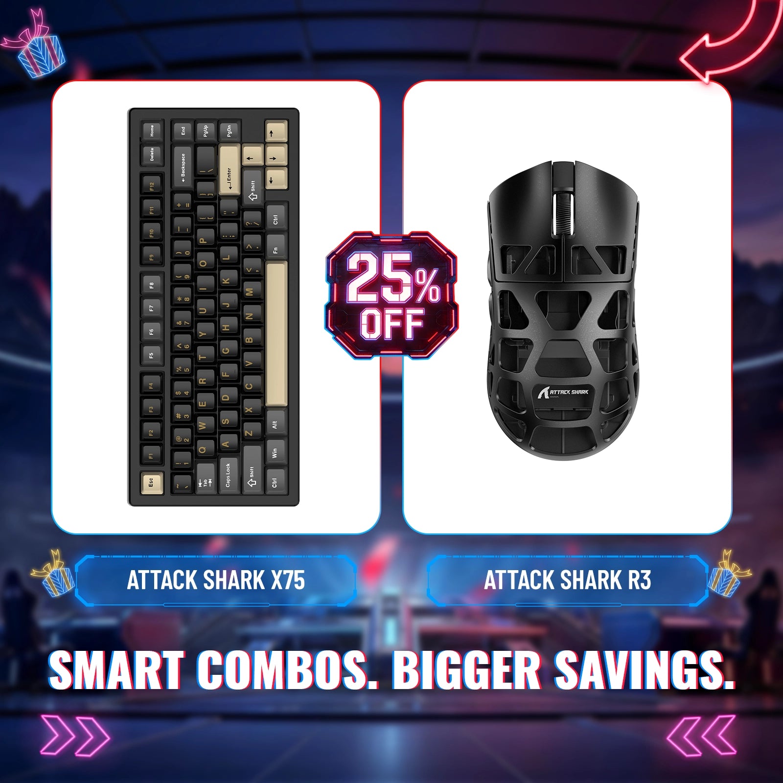 Teclado de alumínio completo ATTACK SHARK X75 + Bundle de mouse gamer de liga de magnésio R3