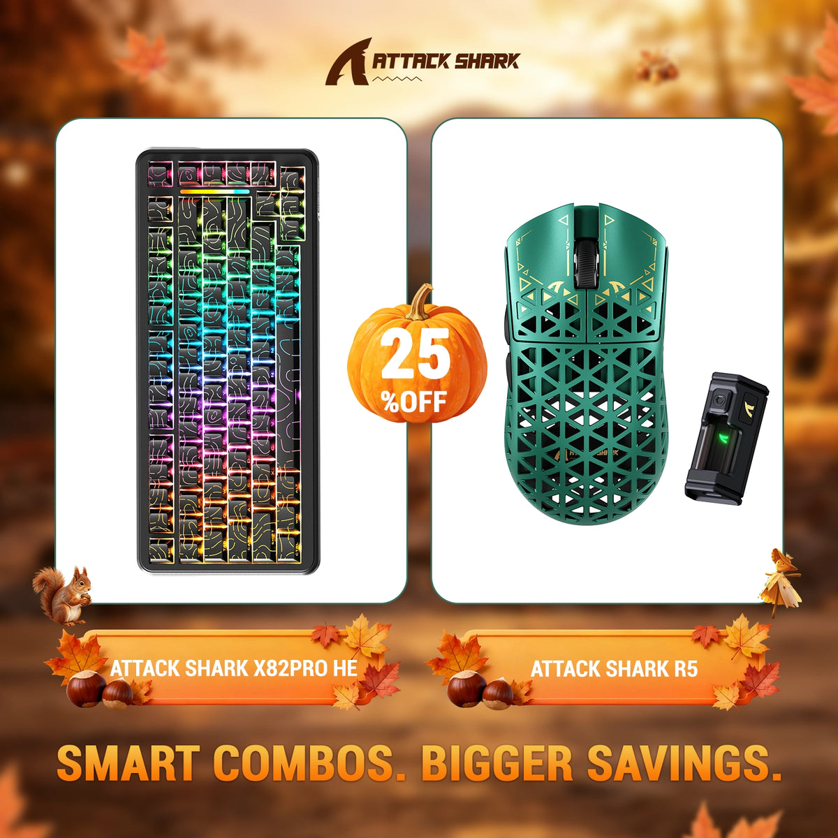 Pacote de teclado com Rapid Trigger ATTACK SHARK X82 PRO HE + mouse gamer sem fio R5 de fibra de carbono