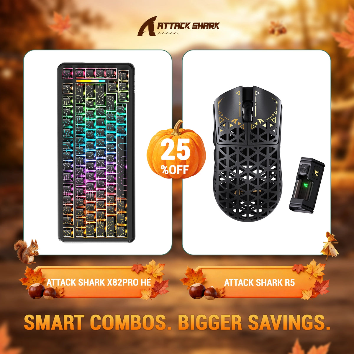Pacote de teclado com Rapid Trigger ATTACK SHARK X82 PRO HE + mouse gamer sem fio R5 de fibra de carbono