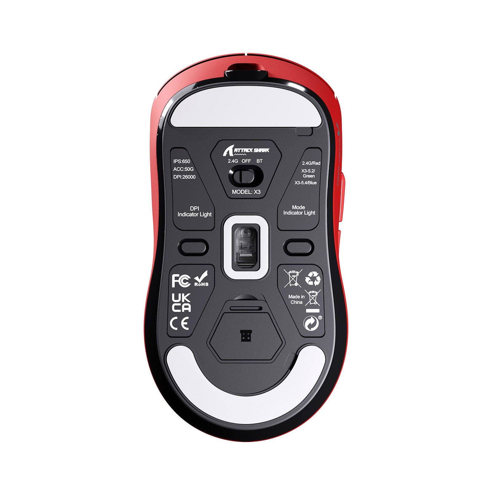 ATTACK SHARK X3 Gaming Mouse - Bottom view, red and black, showing model details and DPI indicator.