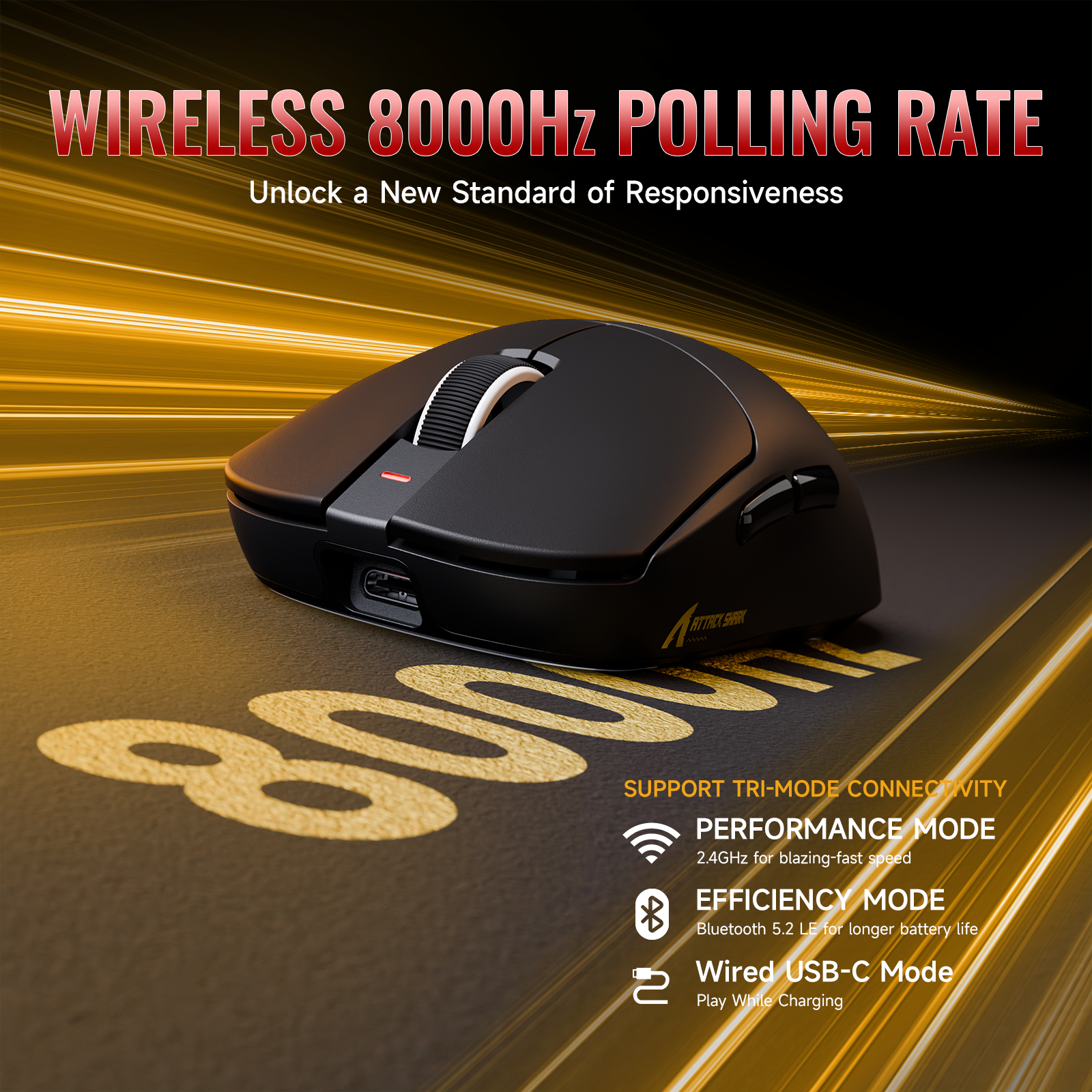 Mouse Gamer Sem Fio Leve Tri-modo ATTACK SHARK Série X8