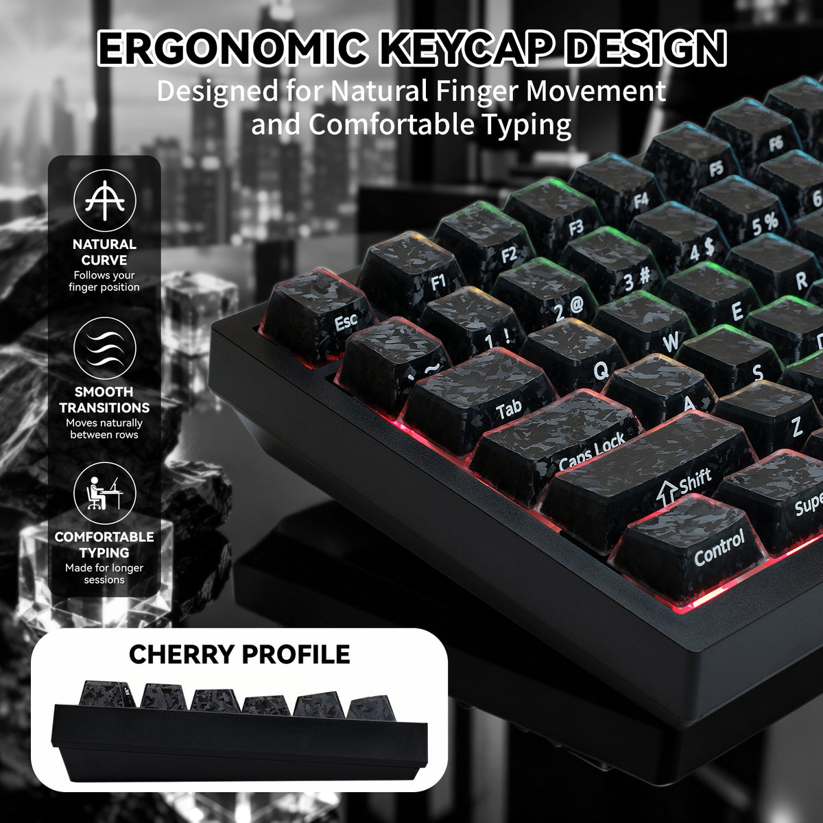 ATTACK SHARK SK04 119 teclas, keycaps de cristal de fibra de carbono forjado, ANSI/ISO