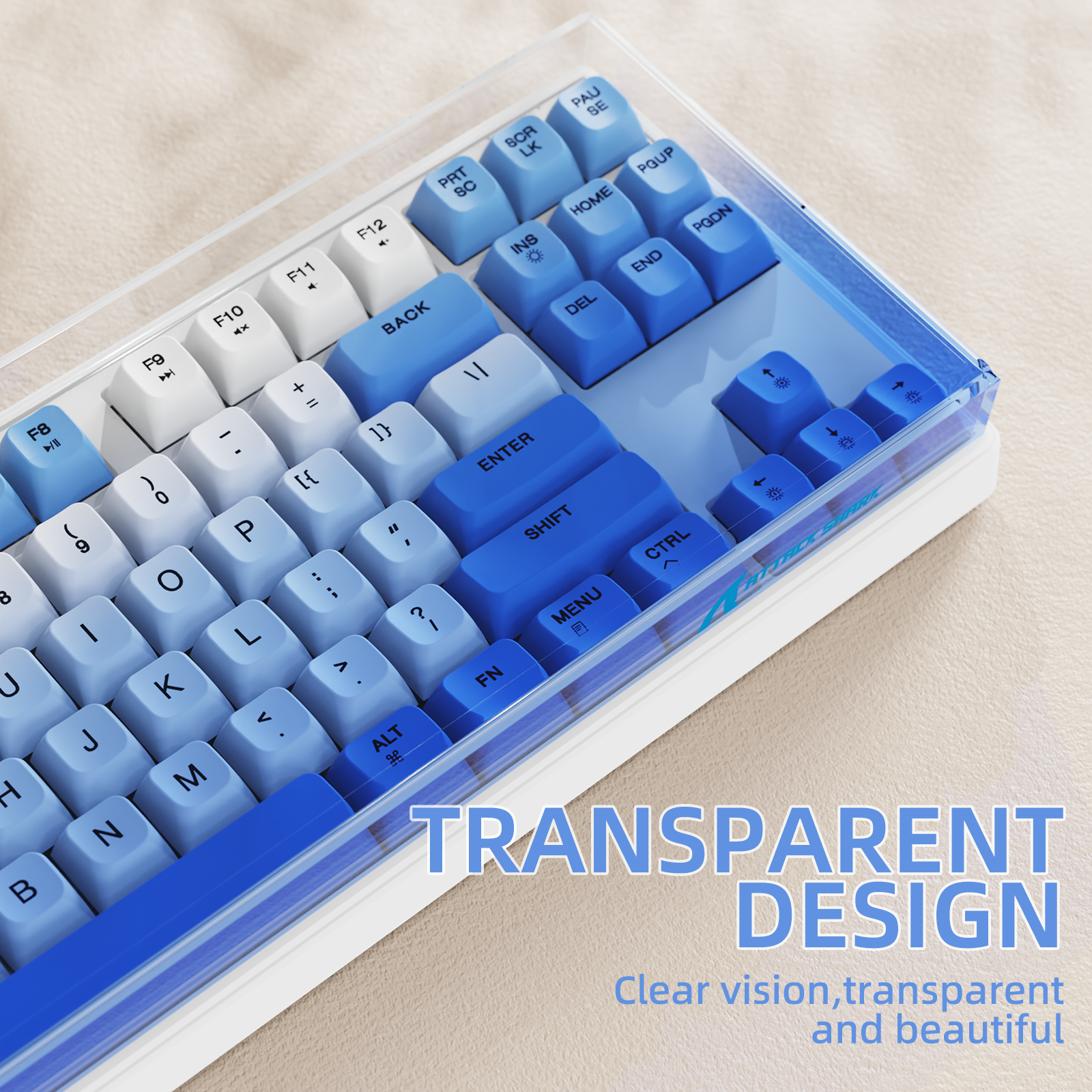 ATTACK SHARK 87 Keys keyboard dust cover with transparent acrylic case and blue and white gradient keycaps.