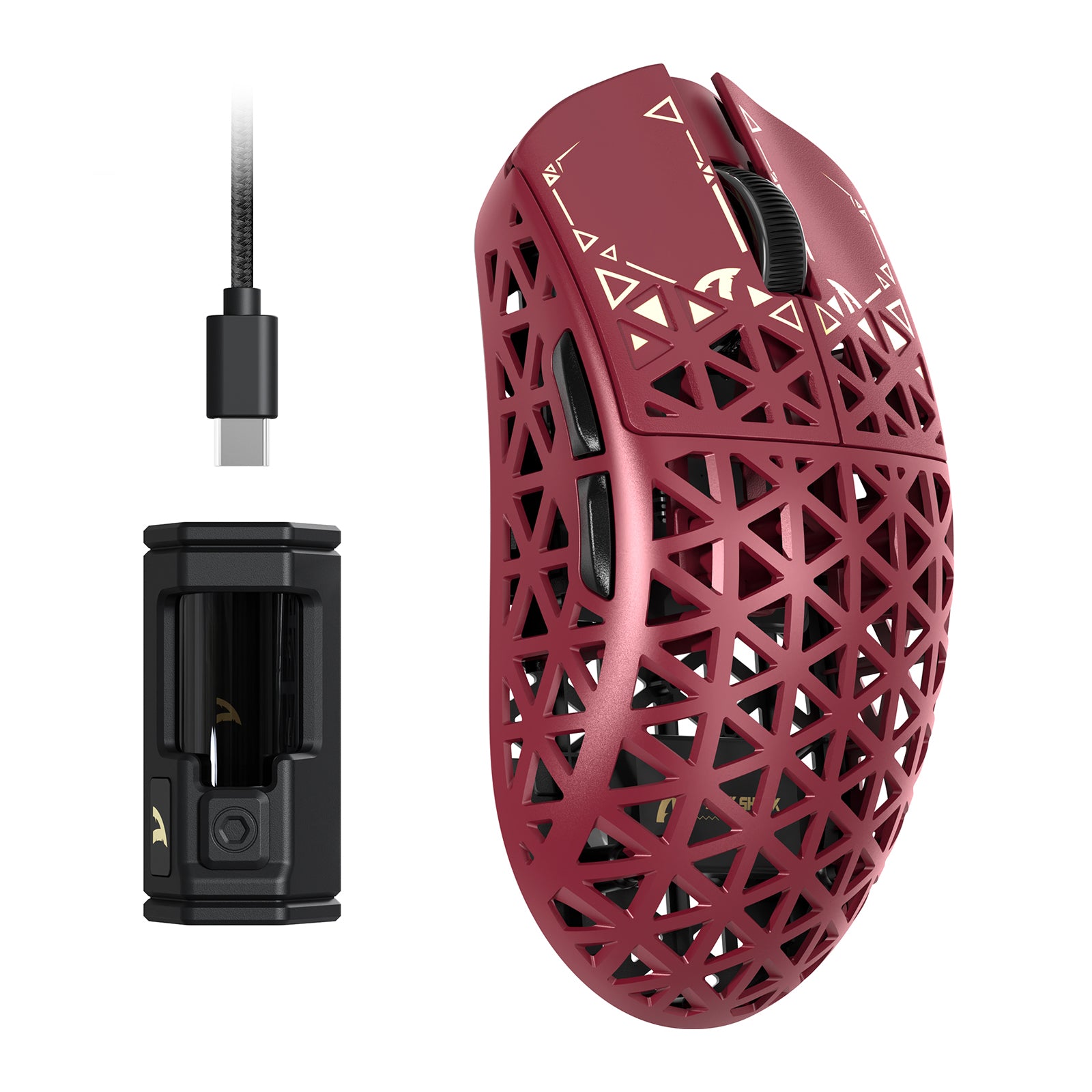 ATTACK SHARK R5 Ultra gaming mouse in red carbon fiber with honeycomb design and charging dock, USB-C cable included.