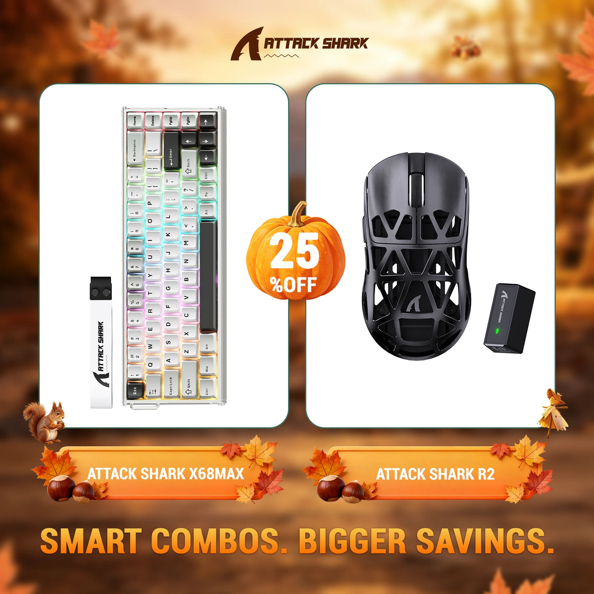 ATTACK SHARK X68 MAX HE Teclado de alumínio com disparo rápido + R2 Mouse gamer sem fio de liga de magnésio — Kit