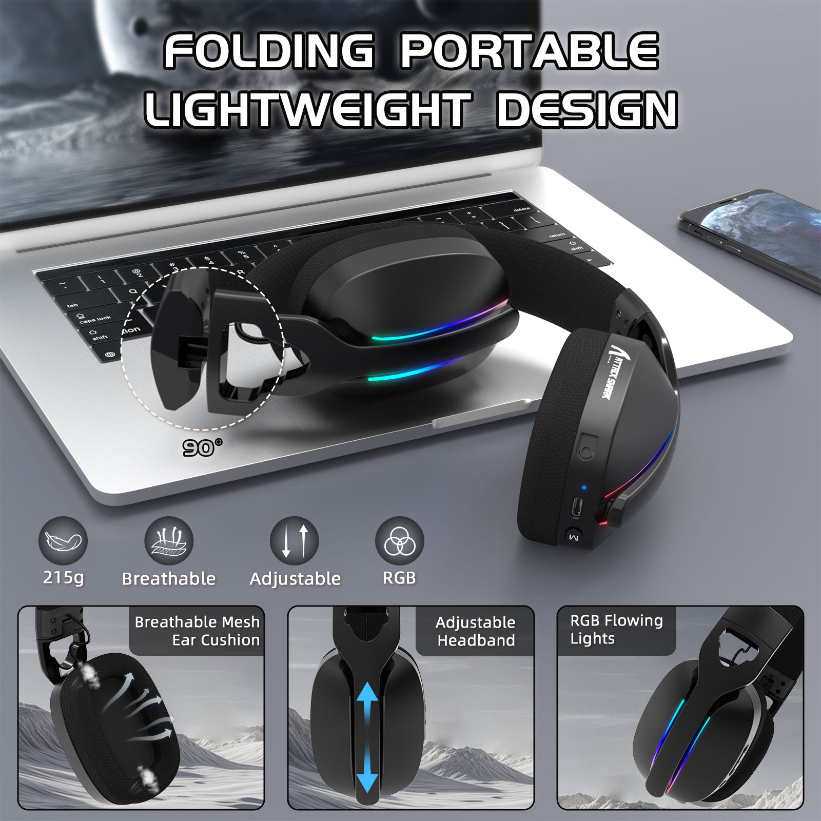 ATTACK SHARK L90 Headset Gamer Dobrável RGB Ultra-Leve Tri-modo