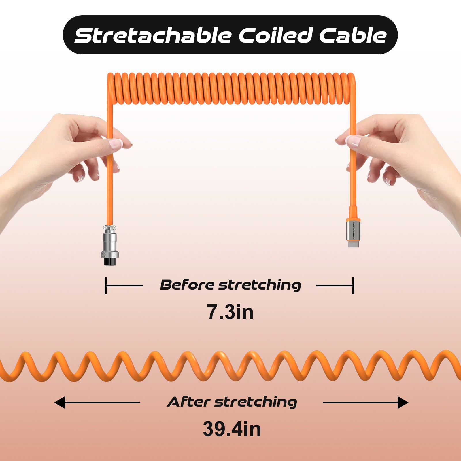 Orange extendable coiled USB-C cable shown before and after stretching, with metal aviation connector and USB-C end.