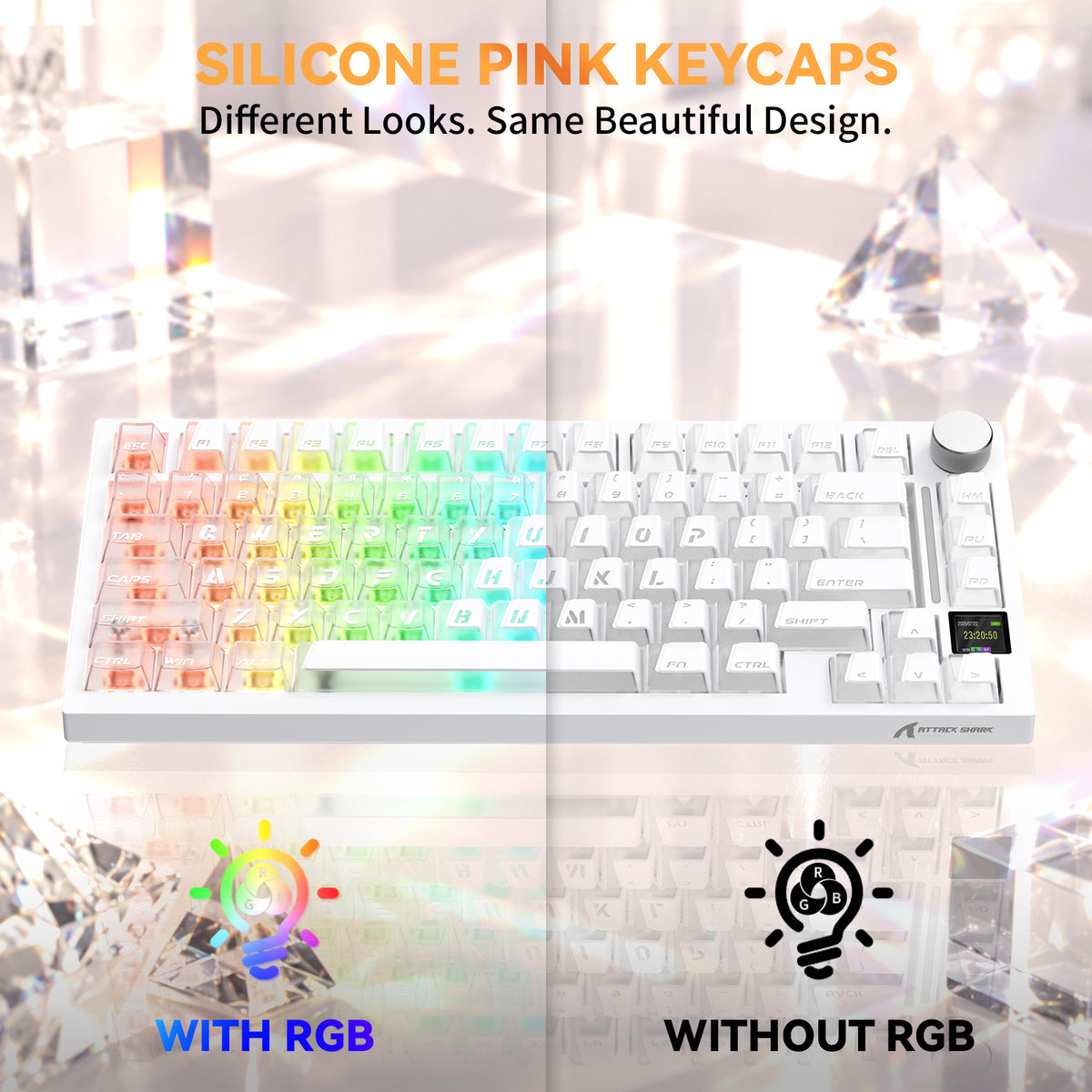 ATTACK SHARK SK07, 131 teclas, keycaps Prism com iluminação transparente, ANSI, branco
