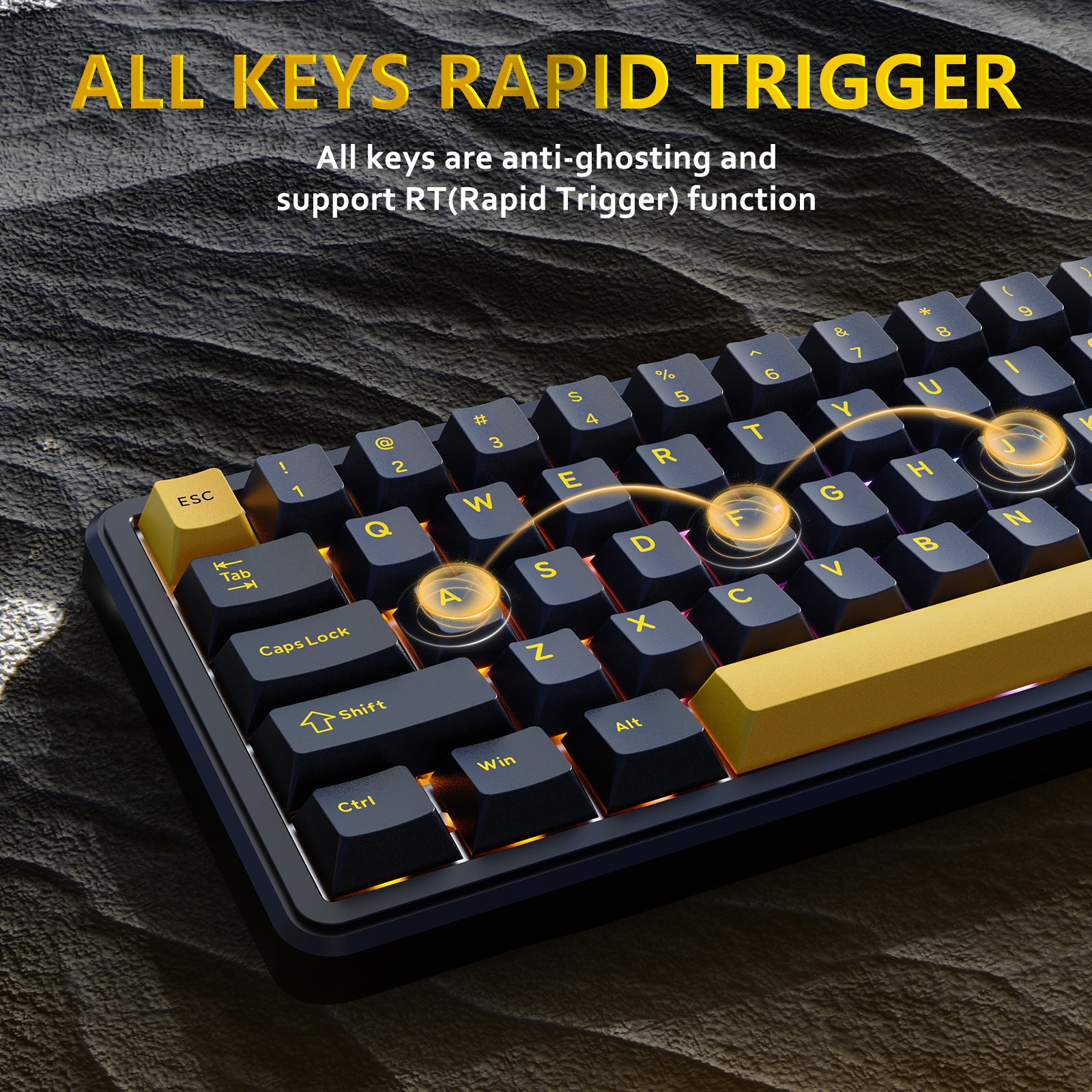 ATTACK SHARK X65 HE keyboard with Rapid Trigger and anti-ghosting keys, black and gold keycaps with RGB lighting