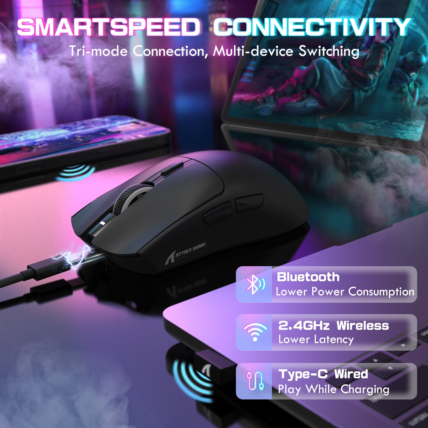 ATTACK SHARK X1 gaming mouse, tri-mode connection: Bluetooth, 2.4GHz Wireless, and Type-C wired