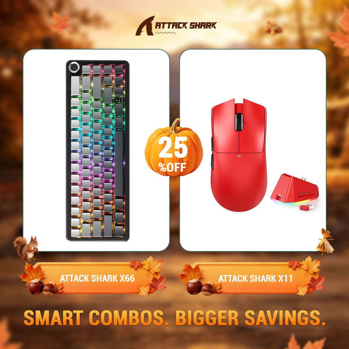 Kit ATTACK SHARK X66 Teclado Mecânico Sem Fio + Mouse Gamer Sem Fio X11