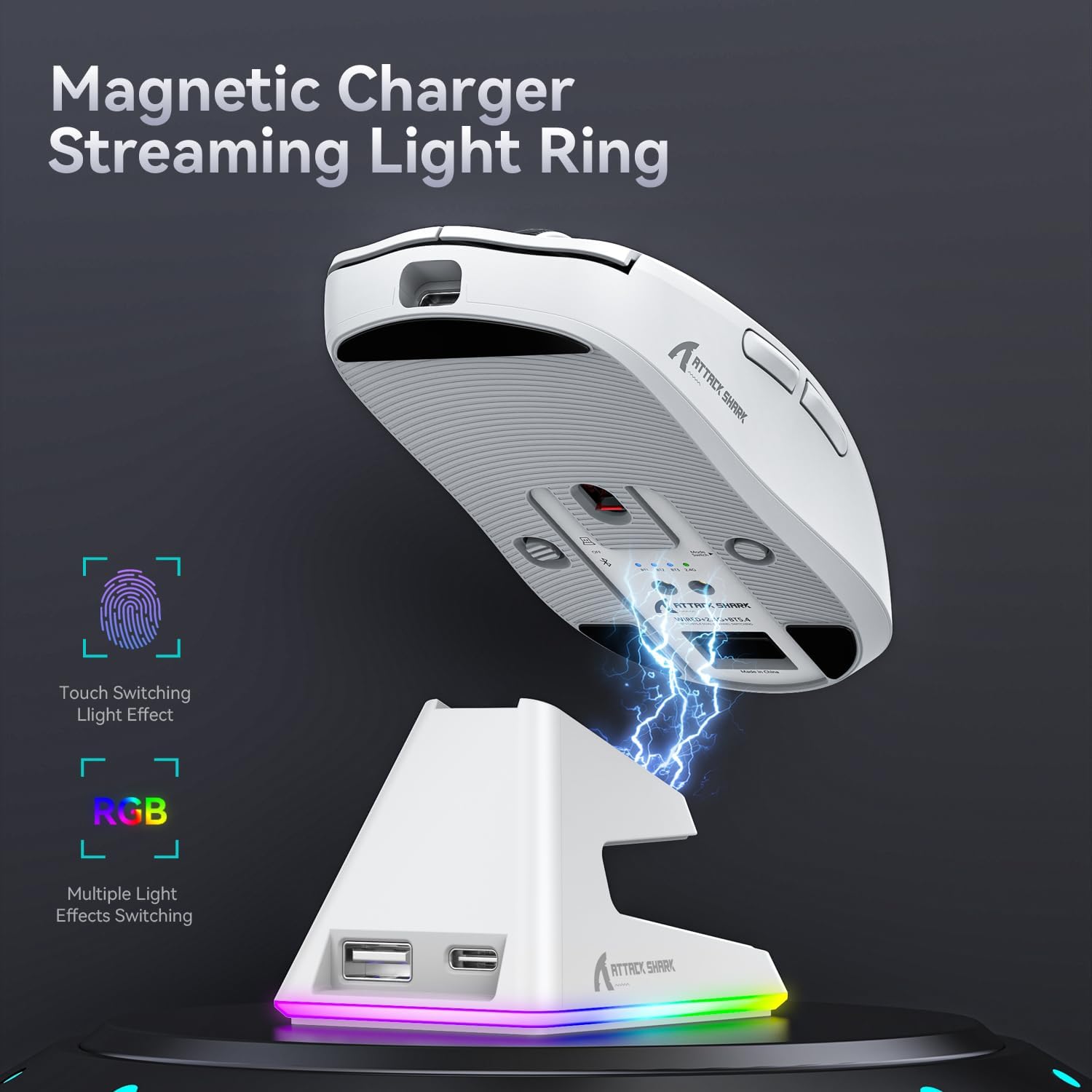 ATTACK SHARK X6 black tri-mode gaming mouse on charging dock