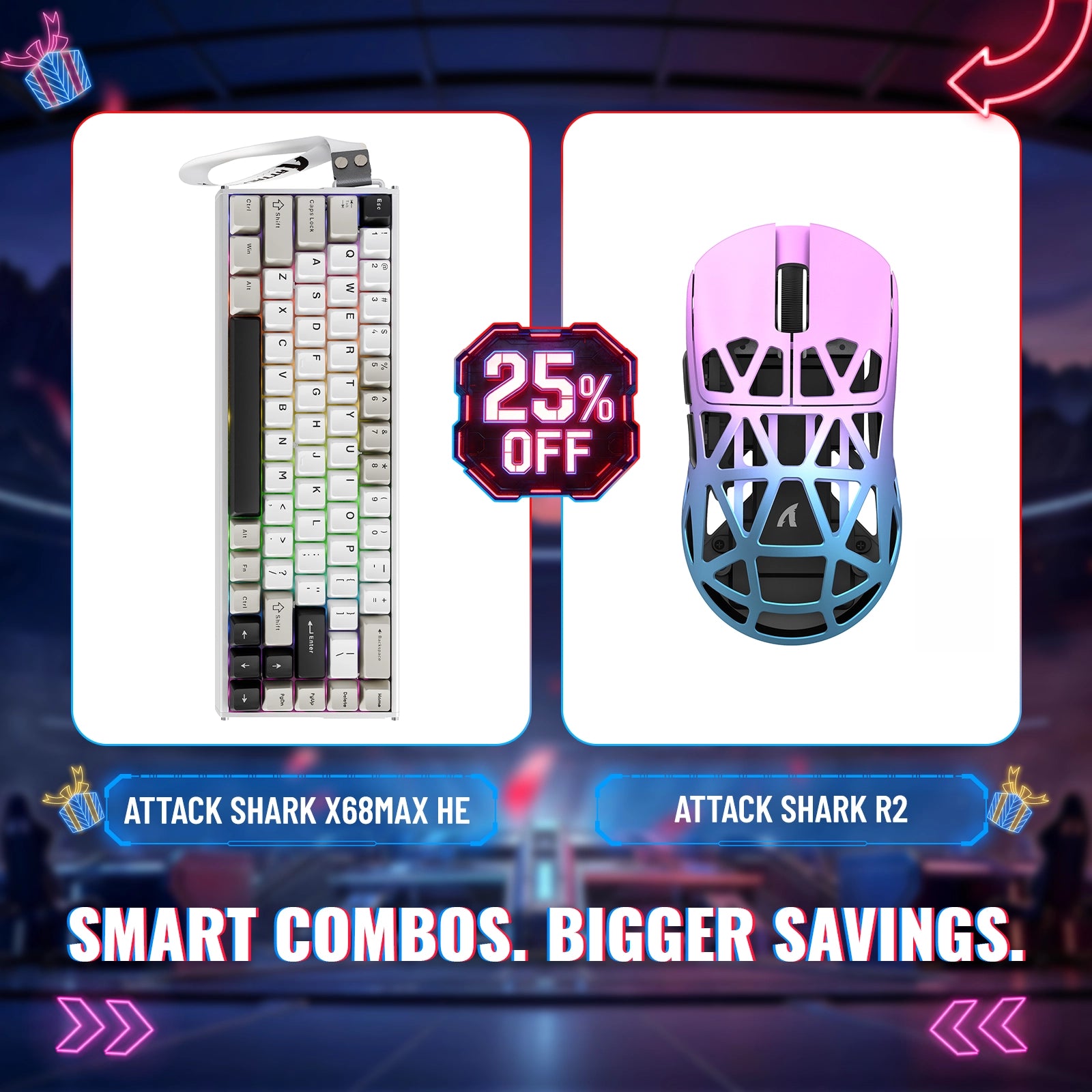 Teclado Attack Shark X68MAX HE Rapid Trigger em Alumínio + Kit Mouse Gamer Sem Fio em Liga de Magnésio R2