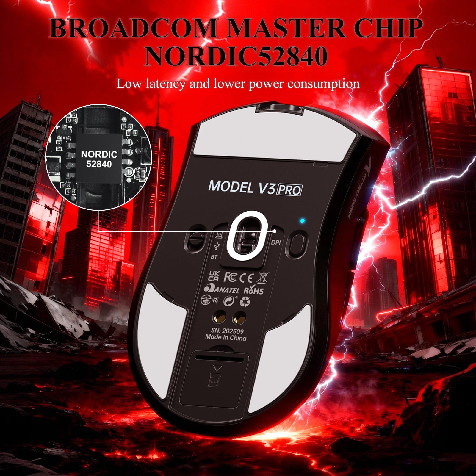 Mouse Gamer Tri-modo Ultra-Leve ATTACK SHARK V3PRO com Dock de Carregamento