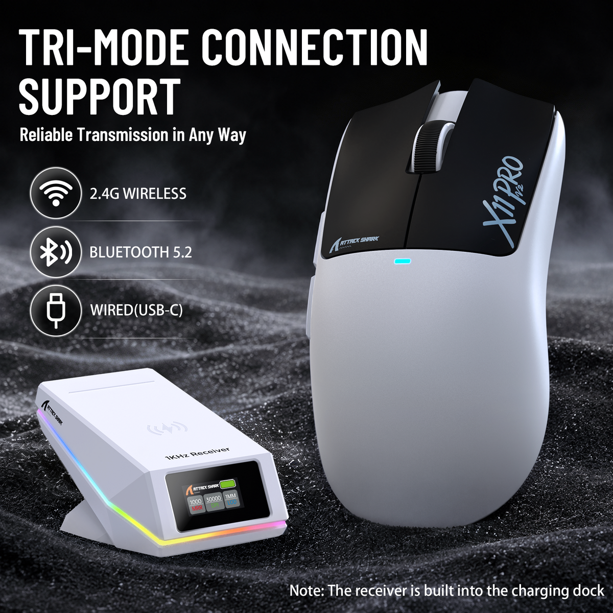 Mouse Gamer Sem Fio ATTACK SHARK X11 PRO V2 com Tela TFT e Base de Carregamento com Cabo Enrolado C06