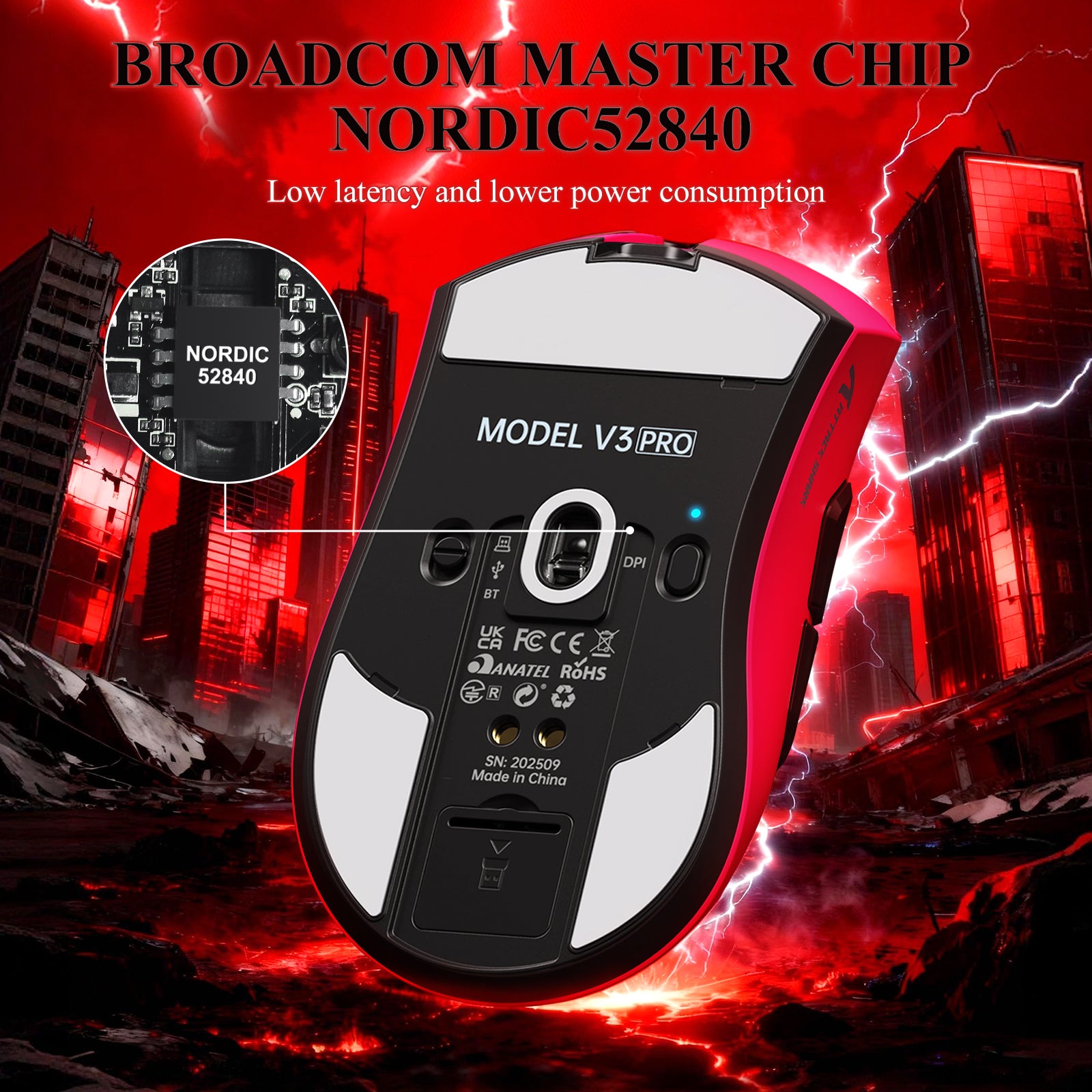 Mouse Gamer Tri-modo Ultra-Leve ATTACK SHARK V3PRO com Dock de Carregamento