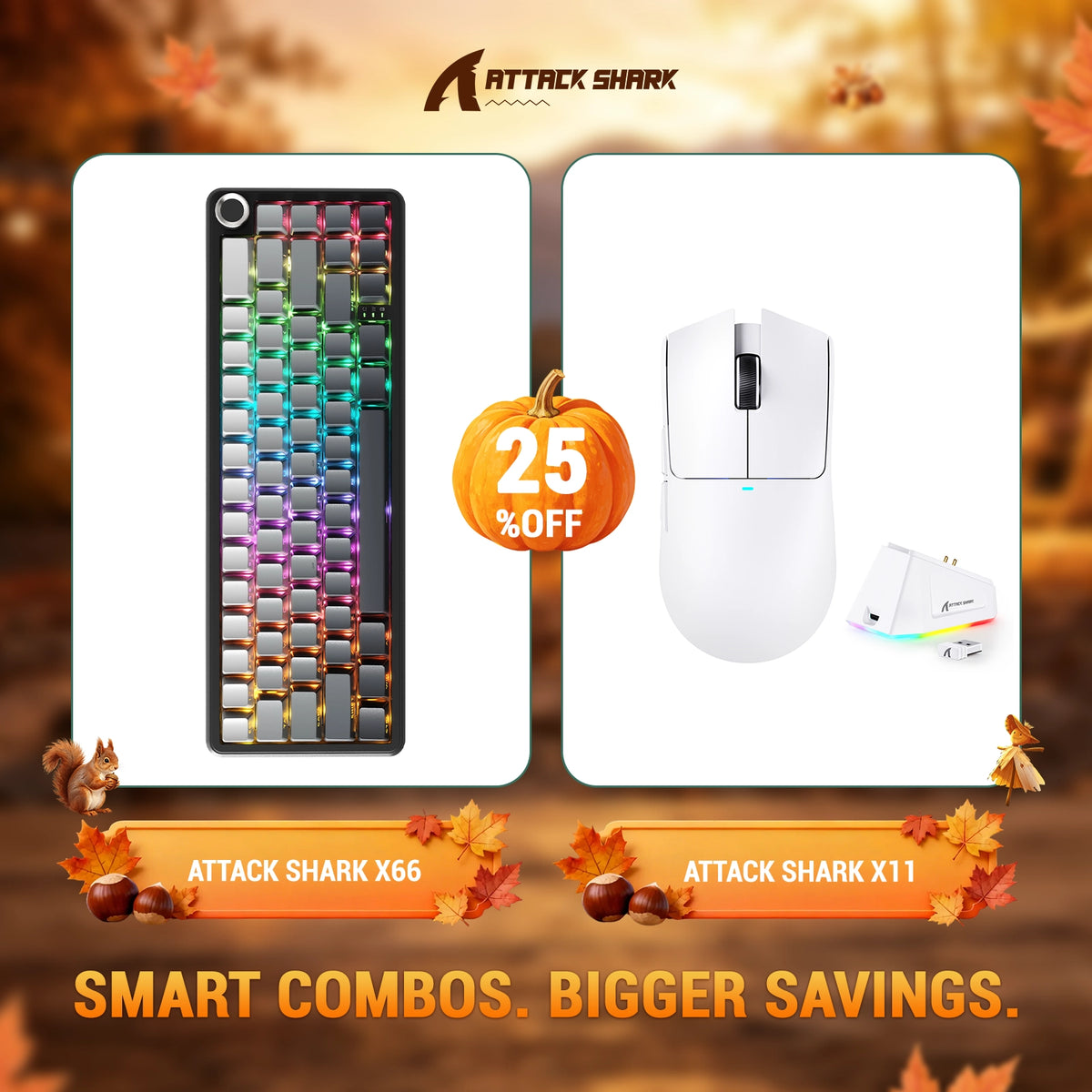 Kit ATTACK SHARK X66 Teclado Mecânico Sem Fio + Mouse Gamer Sem Fio X11