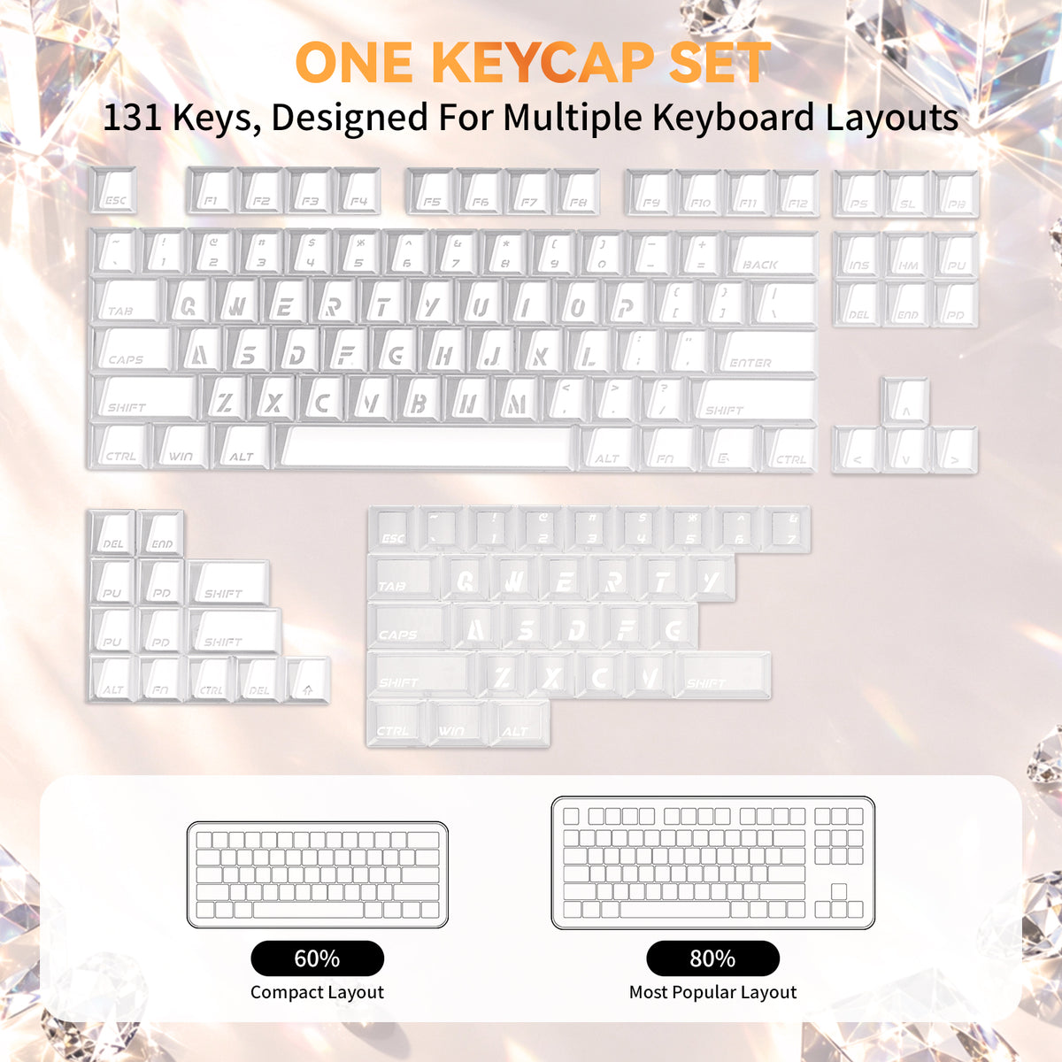 ATTACK SHARK SK07, 131 teclas, keycaps Prism com iluminação transparente, ANSI, branco