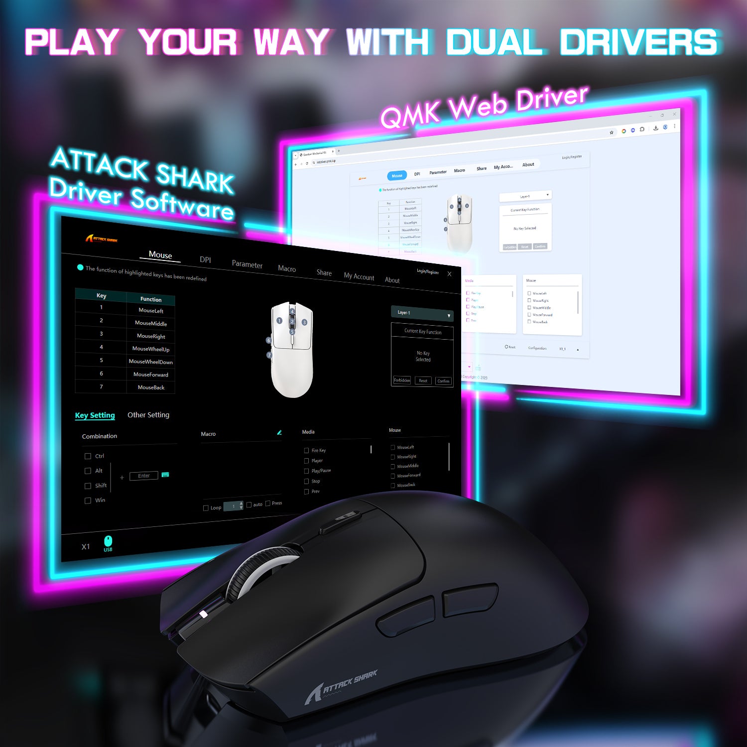 ATTACK SHARK X1 gaming mouse customization with driver software interface, showing key settings and QMK web driver